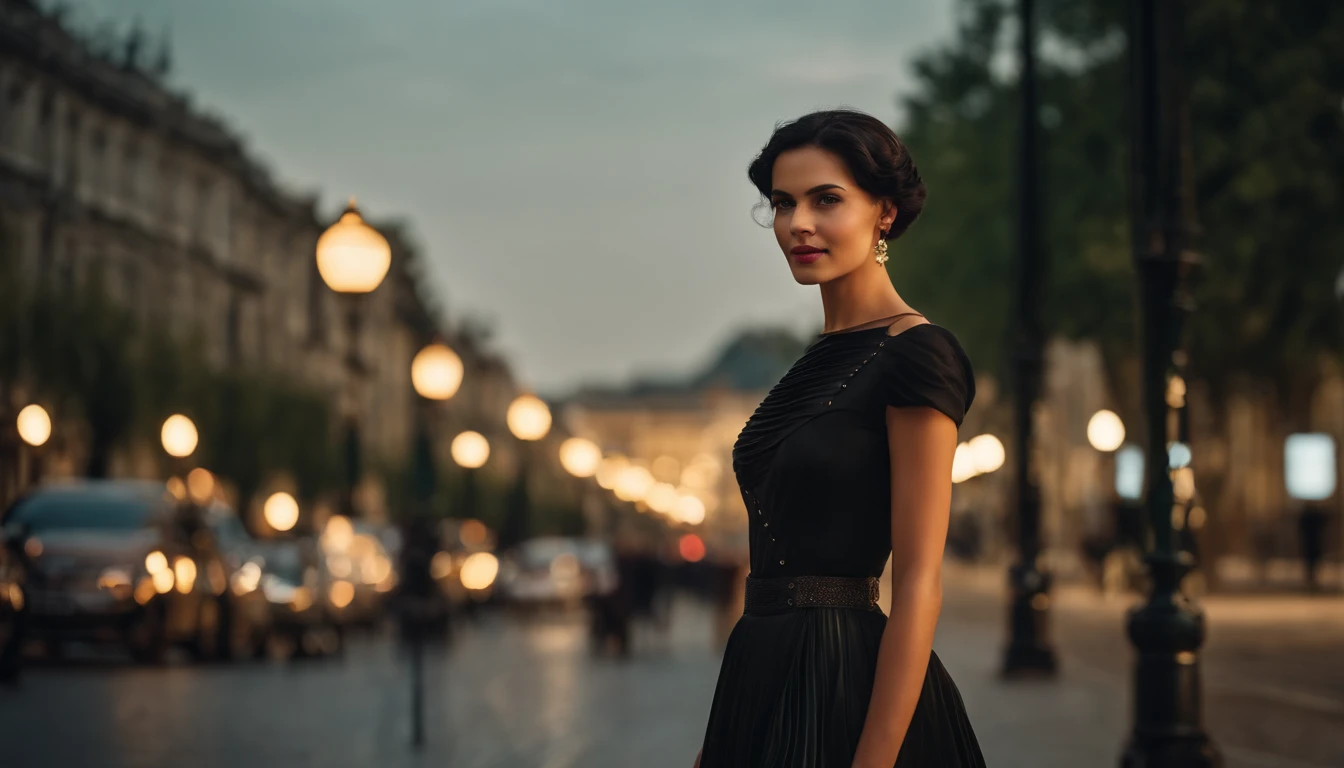 cute young woman, Short black hair, Brown eyes, empress,Pleated skirt dress,Street Lighting,Neon,Bustling street background,(navel:1.1,princess eyes), upper class, Royal style family, High Quality, masterpiece, high-detail