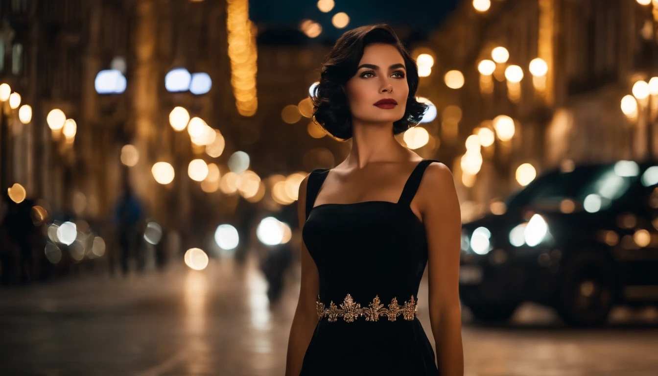 cute young woman, Short black hair, Brown eyes, empress,Pleated skirt dress,Street Lighting,Neon,Bustling street background,(navel:1.1,princess eyes), upper class, Royal style family, High Quality, masterpiece, high-detail
