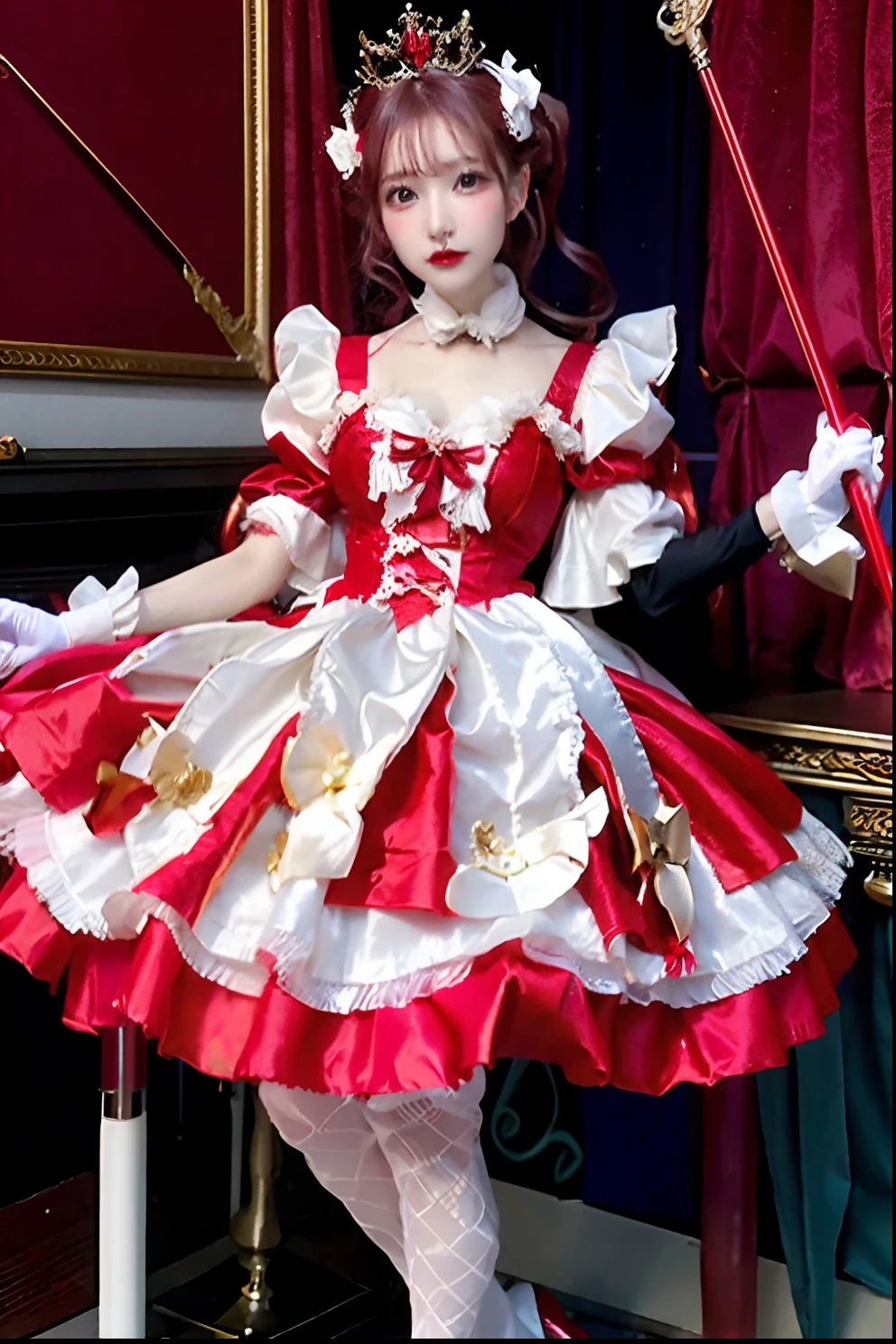 Arafe in red satin dress and crown with cane, fantasy dress, magical dress, dreamy style, very magical and dreamy, ****ta Fashion, ethereal fairy tale, fairycore, fantasy outfit, wearing fantasy formal clothing, angelic pretty, dreamy and detailed, ****ta style, fantasy style clothing, rococo dress, Fantasy aesthetics!, romantic dress