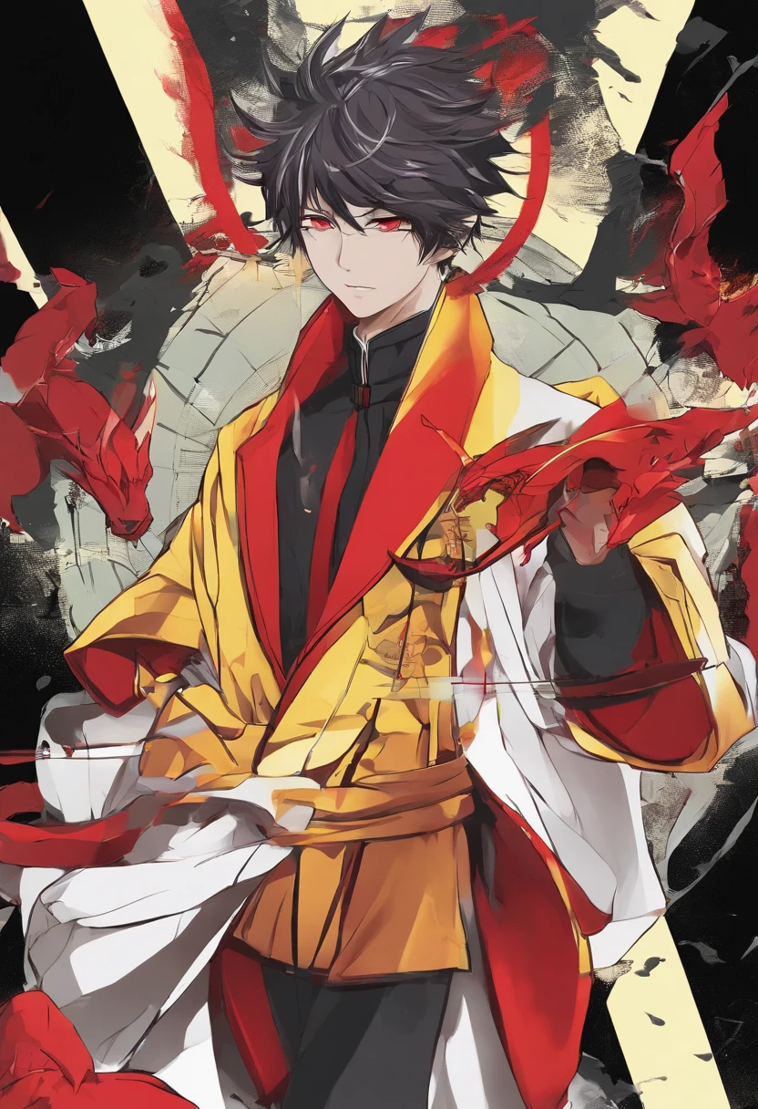 o personagem vai ter cabelo preto com chifres vermelho vinho, hetero cromia sendo um olho vermelho e o outro amarelo, the yellow having a pentagram in the yellow eye being a half demon based dragon in human form male character black clothing with preference of overcoat image will be in anime format