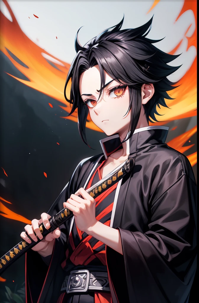 man, black hair, short haircut slanted down, dark eyes, kimetsu no yaiba art style, calm look, katana in hand, breathing of flames, average height, location in the forest at night, clothing style kimetsu no yaiba, fire on his sword