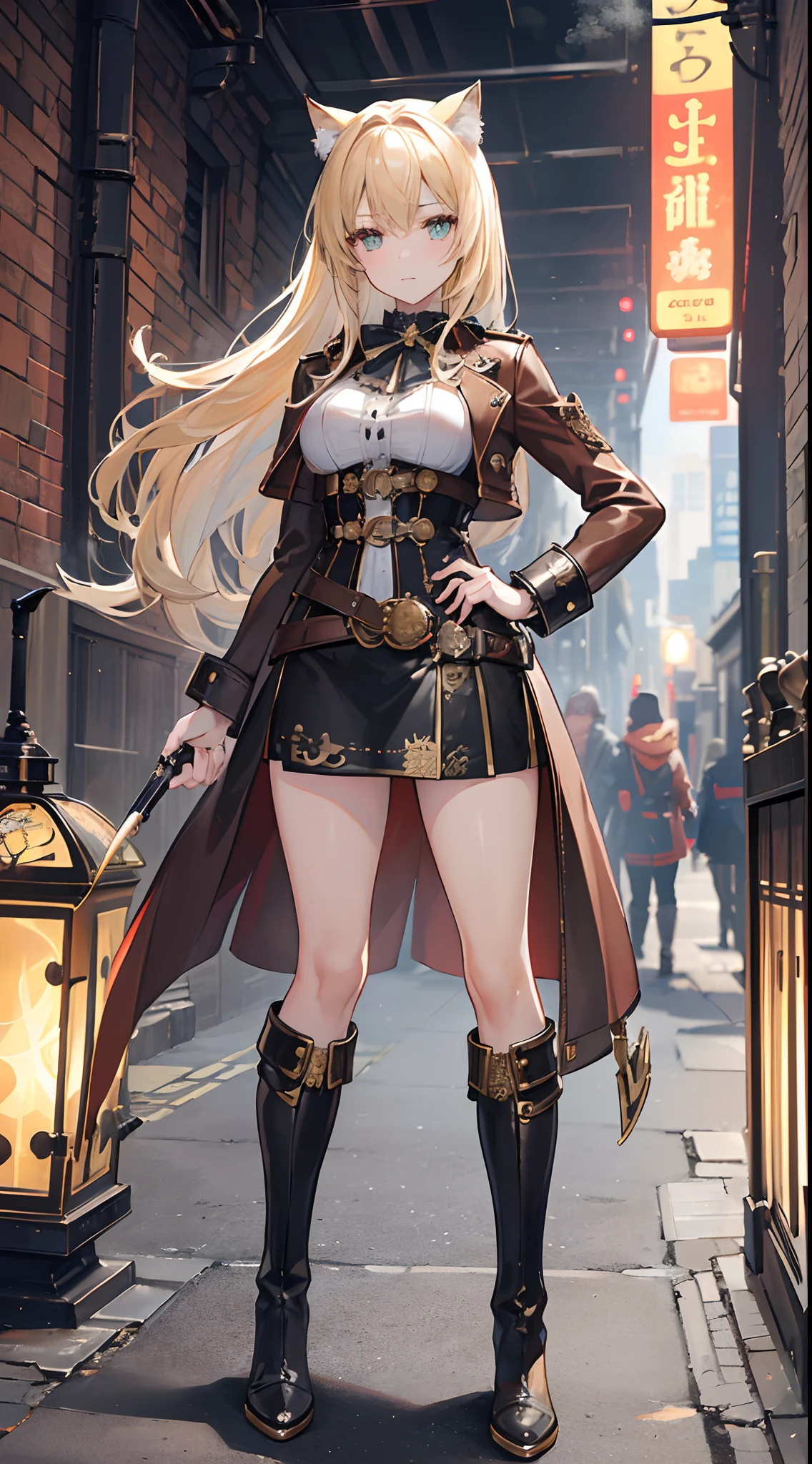 masterpiece,Ultra-fine 8K,超A high resolution,Detailed description,Smooth depiction,Accurate rendering,The Golden Rule,(London、Victorian culture:1.8)、((Equipped with a reinforcement mechanism that moves with countless gearolomi))、(hitomi、Beautiful golden cat eyes:1.3),Whitening skin,Western-style beautiful girl in anime style,Wearing an antique leather coat with steampunk-style gear and watch embellishments,Metallic boots,(steams、Vast steam:1.8)、Complex cities、Expressed in detail、Complex structure with pipes、A city studded with countless steam and gears、Eventide、high sky、Empty steam、Overhead scenery,Full body depiction,Splash Art Style,