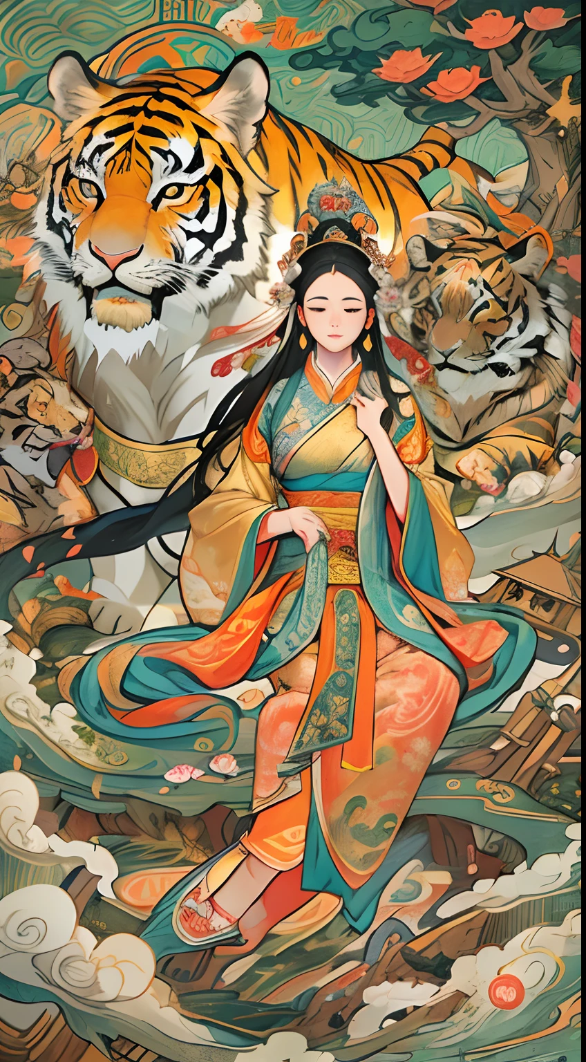 an ancient Chinese goddess, guanyin of the southern seas, Guanyin, Inspired by India, Avalokiteshvara rides a tiger,,Serene expression,shui mo hua,Buddha,Buddhist,Lotus,Chinese painting style,Thangka style
