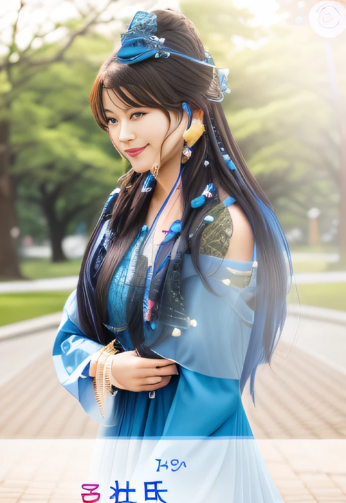 Close up portrait of smiling woman in blue dress、a park