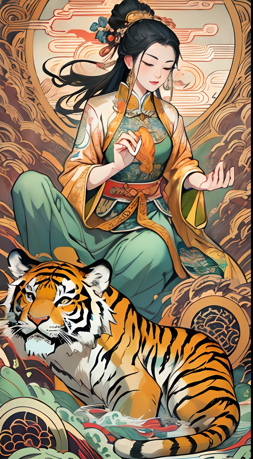 an ancient Chinese goddess, guanyin of the southern seas, Guanyin, Inspired by India, Avalokiteshvara rides a tiger,,Serene expression,shui mo hua,Buddha,Buddhist,Lotus,Chinese painting style,Thangka style