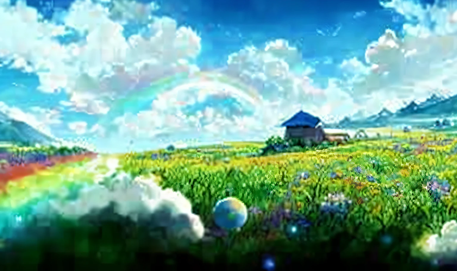 Photos taken from a video game in Rainbow Fields, anime landscape wallpapers, anime countryside landscape, colorful anime movie background, beautiful anime scenery, Anime landscapes, Anime landscape, anime beautiful peace scene, anime nature wallpap, anime movie backgrounds, Anime background art, anime backgrounds, beautiful anime scenes, beautifull puffy clouds. anime big breast, Studio Ghibli Sky, Beautiful wallpaper