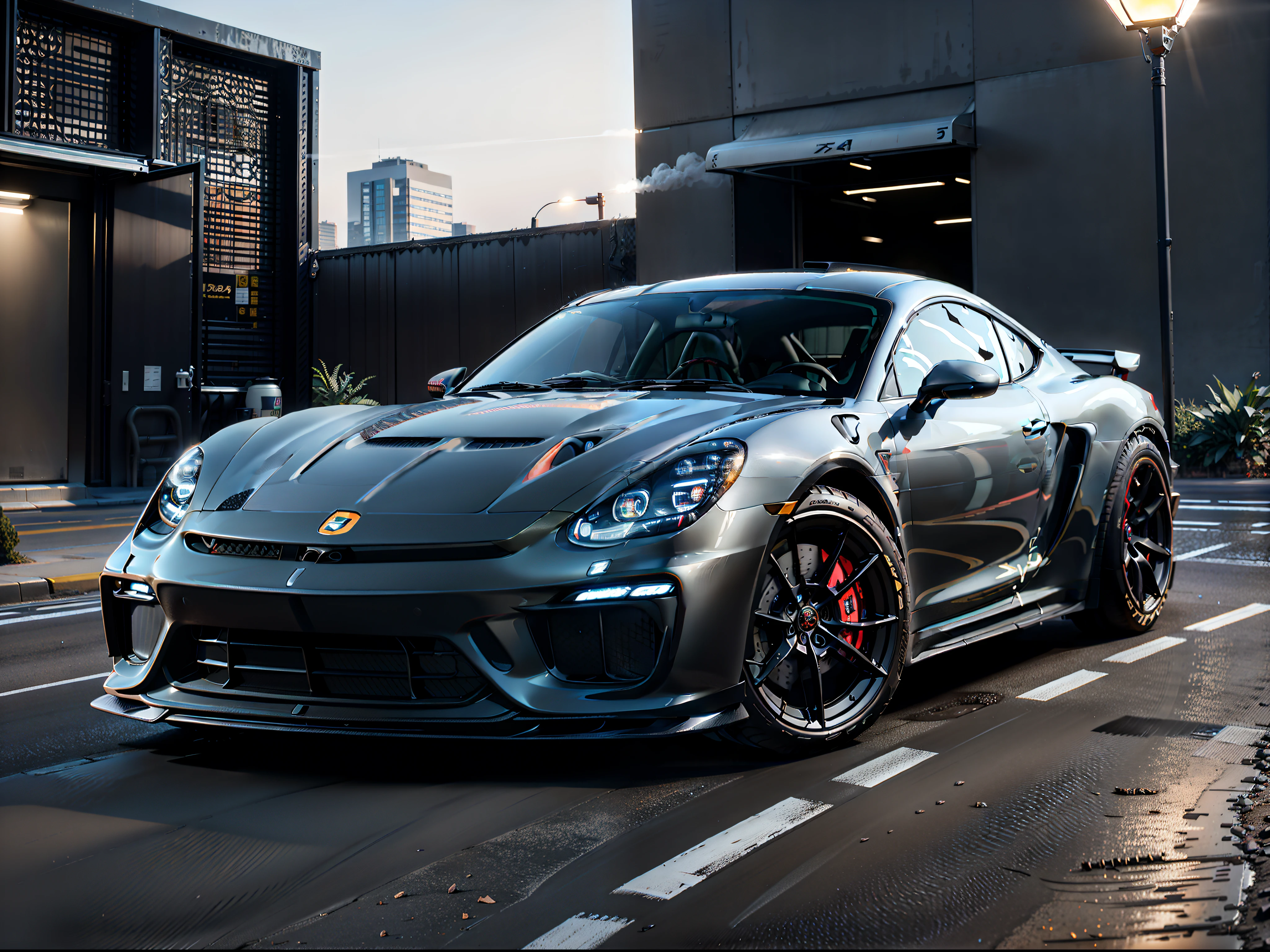 （Ultra-photorealistic quality）、Ultra-fine painted surface、masuter piece，8k wallpaper，nffsw，Ultra-high image quality，light and shadow effect 、((Dark Grey Cayman GT4 RS　1Car)), Ultra-realistic representation faithful to live action、Gran Trismo logo decal on wind window、The hood is wet carbon、Vehicle height is quite low、Forged bronze color wheel、Slightly larger rear wheel、Tilt forward slightly、The front light is smeared with smoke、Scramble crossing in Shibuya、city light at night、All four wheels、There is a slight camber angle on the outside（Negative camber)Has a、Wearing race tires、Professional Outdoor Lighting、Model 981。