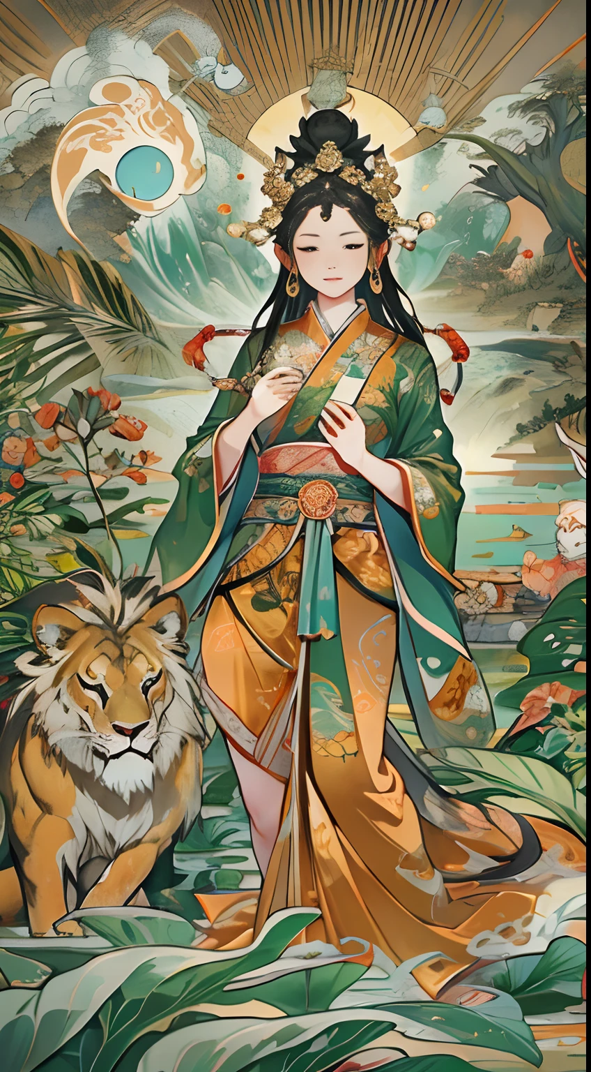 an ancient Chinese goddess, guanyin of the southern seas, Guanyin, Inspired by India, Avalokiteshvara rides a lion,,Serene expression,shui mo hua,Buddha,Buddhist,Lotus,Chinese painting style,Thangka style