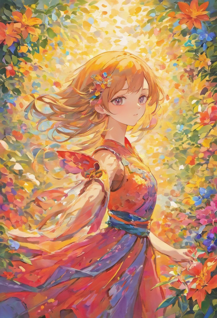 A girl with beautiful detailed eyes and lips, surrounded by colorful flowers in a garden. The girl is wearing a flowing dress and her hair is gently swaying in the breeze. The vibrant colors of the flowers and the girl's dress create a lively and energetic atmosphere. The garden is bathed in warm sunlight, casting soft shadows on the ground. The artwork is created using traditional oil painting techniques, with a touch of surrealism to add depth and intrigue. The painting is of the highest quality, with ultra-detailed brushwork that captures every intricate detail. The realistic portrayal of the girl's facial features showcases the artist's skill and attention to detail. The vibrant colors and vivid hues create a visually stunning composition. The lighting is carefully crafted to highlight the girl's face and create a sense of depth. The overall atmosphere of the artwork is uplifting and evokes a sense of joy and serenity.