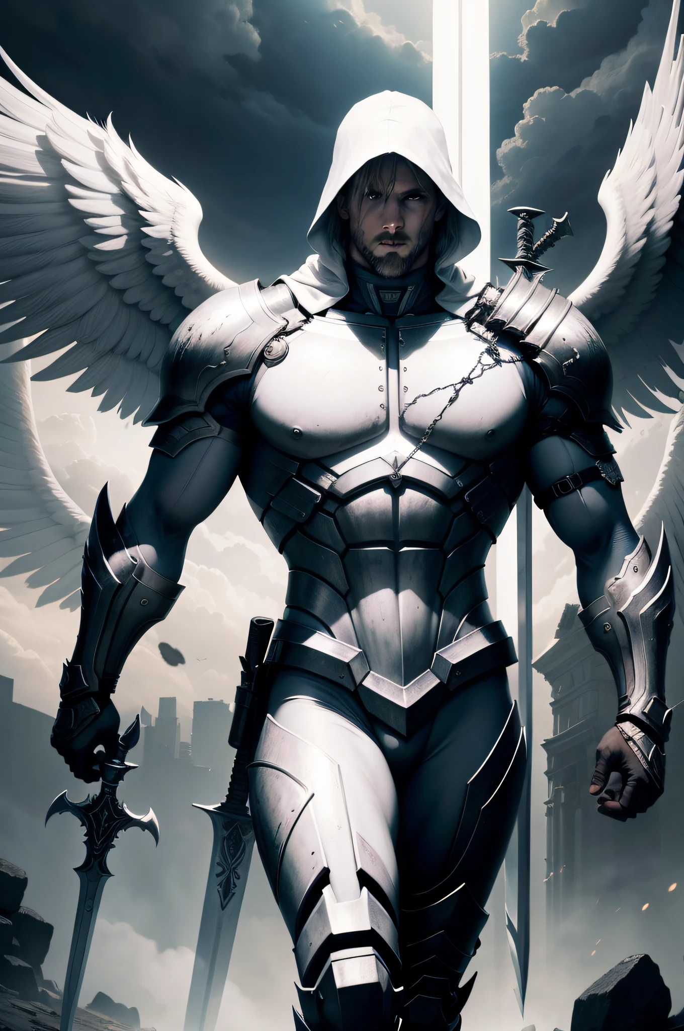 Fearless White Male Angel, full body, with avenging sword, Apocalypse, dooms day, Illustration, cinematic light, high resolution, best quality, ultra detailed, masterpiece,