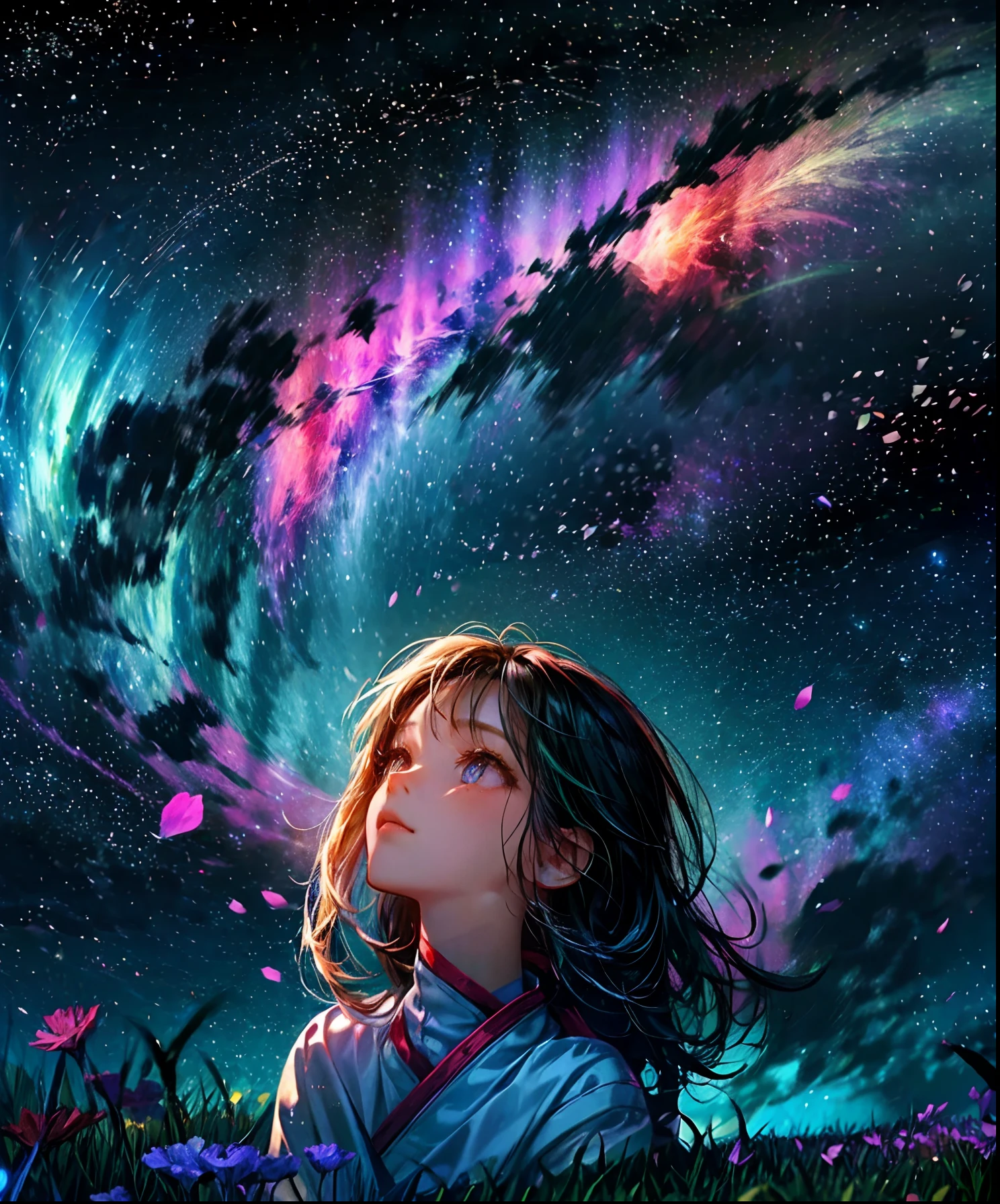 Describe a scene where a cute girl character is lying on a grassy hill, Looking up at the starry sky. Surround her with colorful nebulae and her favorite constellations.