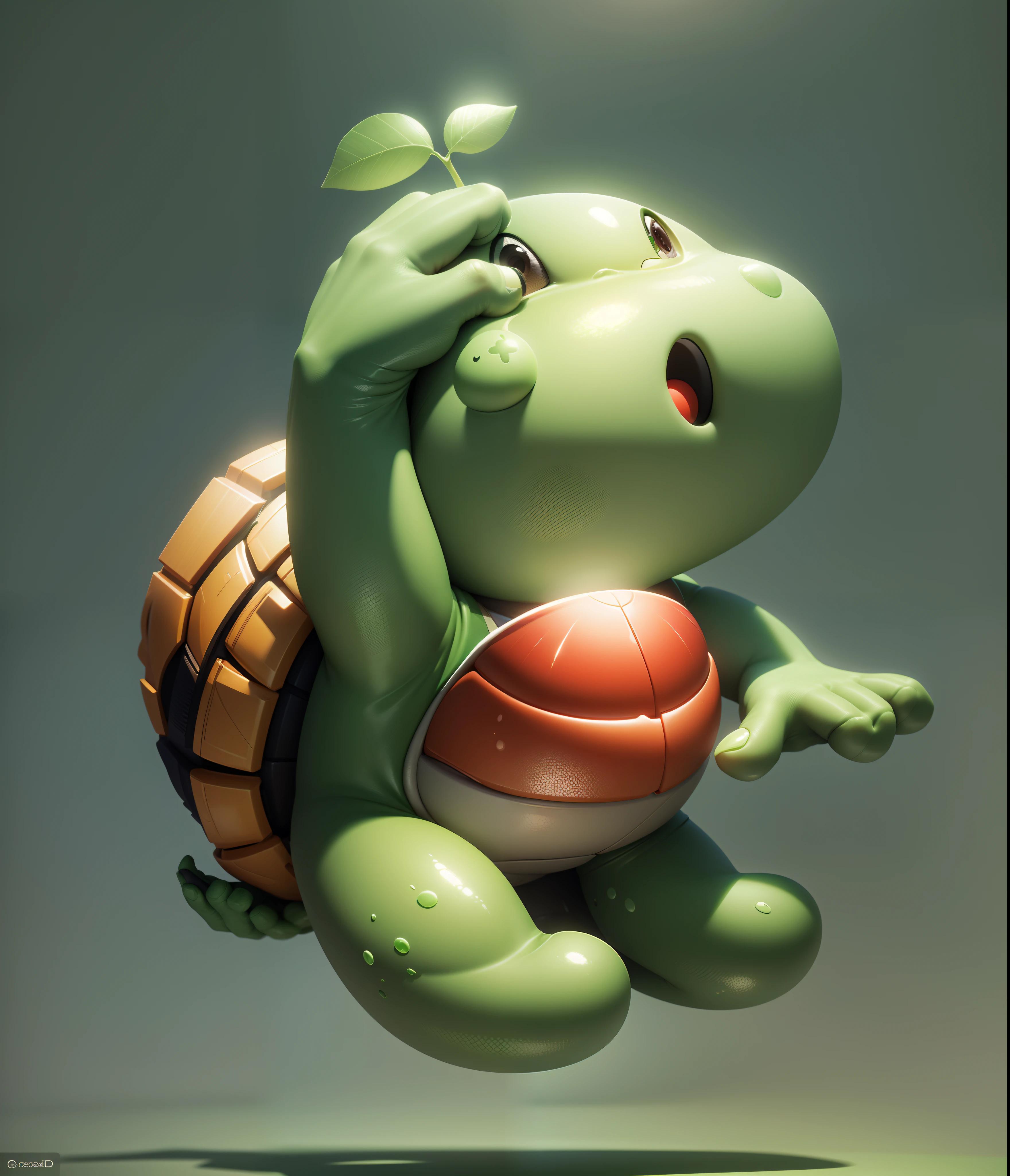 Cute cartoon,Green skin,The shell is brown,Redfaced,ssmile,He raised his left hand above his head,rendering by octane,Soft lighting,estilo cartoon 3d