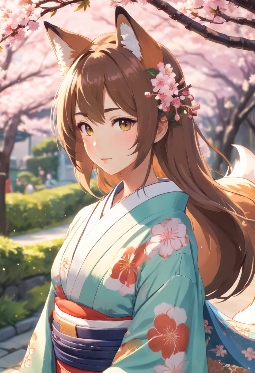(best quality,4k,8k,highres,masterpiece:1.2),ultra-detailed,(realistic,photorealistic,photo-realistic:1.37), vibrant colors, studio lighting, soft shadows, traditional setting, intricate patterns, elegant atmosphere, mystical ambiance, serene expression, delicate facial features, detailed eyes, beautiful detailed lips, long eyelashes, flawless skin, graceful pose, playful fox-like demeanor, vibrant kimono colors, carefully tied obi, gold accents, elaborate hair accessories, fox ears peeking out from the hair, revealing a sense of enchantment, kimono opened to reveal a slim and toned abdomen, showcasing the girl's physique while maintaining elegance, beautiful cherry blossom background, hint of a tranquil garden, soft sunlight filtering through the trees, adding a gentle warmth to the scene, capturing the essence of traditional Japanese aesthetics.