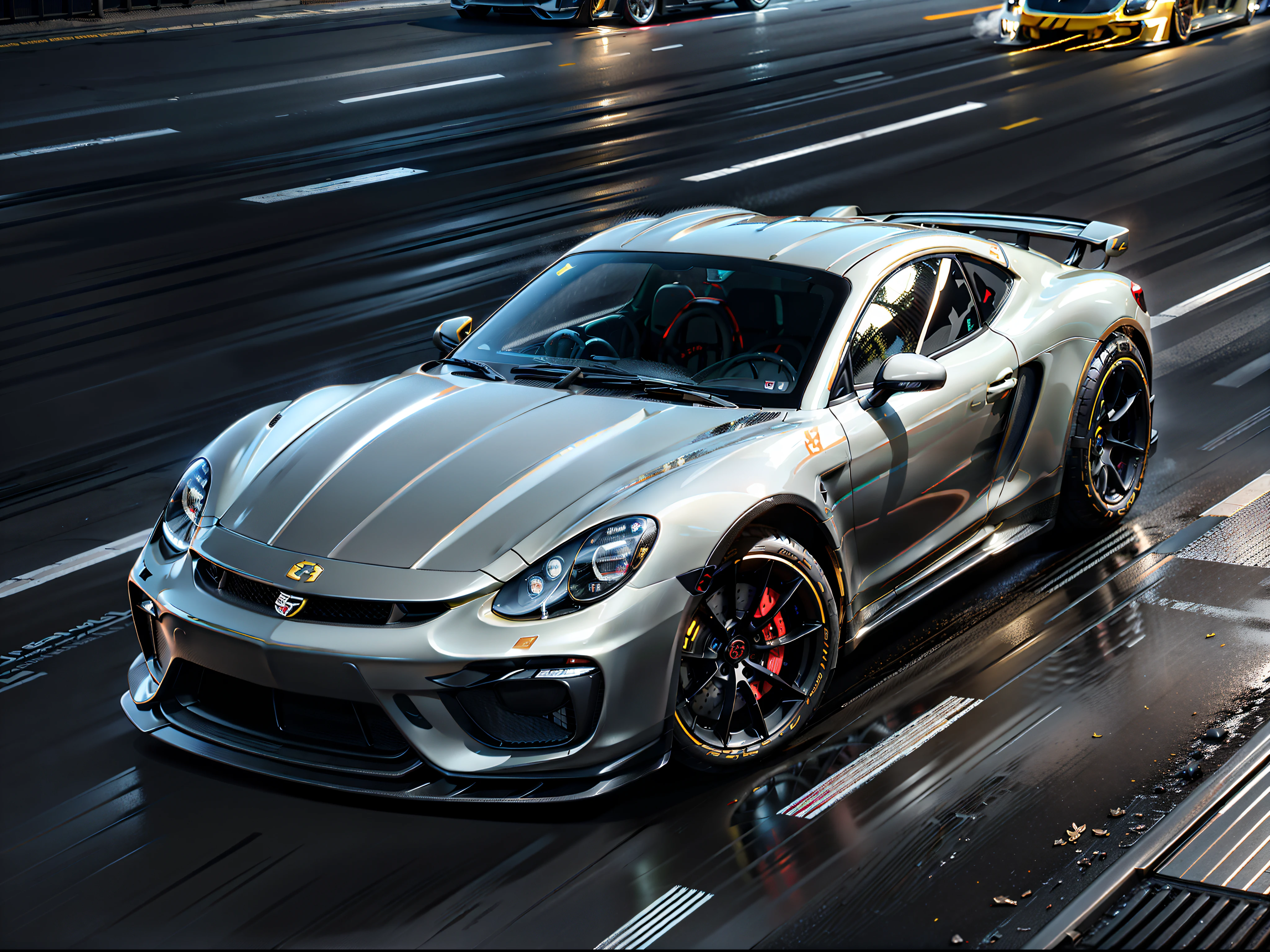 （Ultra-photorealistic quality）、Ultra-fine painted surface、masuter piece，8k wallpaper，nffsw，Ultra-high image quality，light and shadow effect 、((Dark Grey Cayman GT4 RS　1Car)), Ultra-realistic representation faithful to live action、Gran Trismo logo decal on wind window、The hood is wet carbon、Vehicle height is quite low、Forged bronze color wheel、Slightly larger rear wheel、Tilt forward slightly、The front light is smeared with smoke、Scramble crossing in Shibuya、city light at night、All four wheels、There is a slight camber angle on the outside（Negative camber)Has a、Wearing race tires、Professional Outdoor Lighting、Model 981。