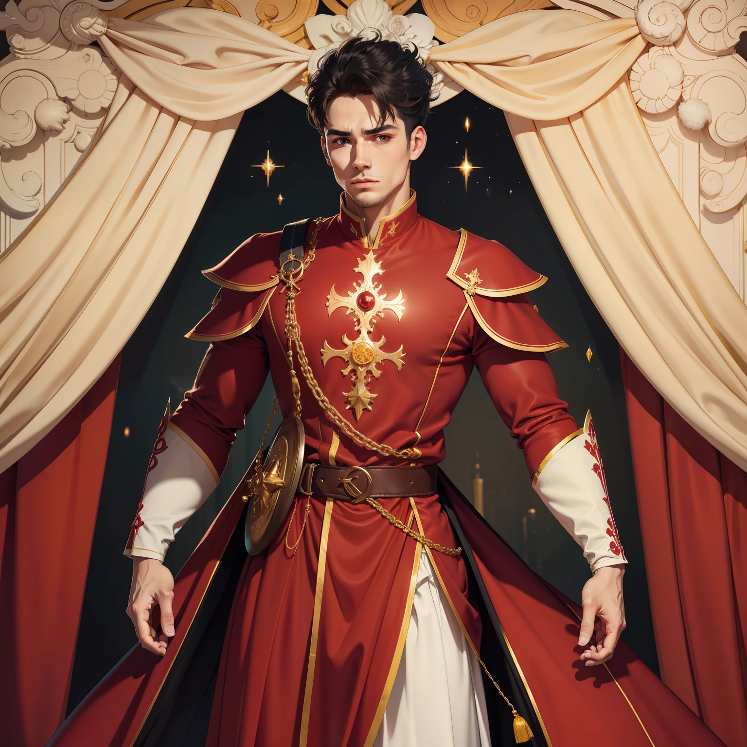 Monge com roupa amarela com detalhes em vermelho homen