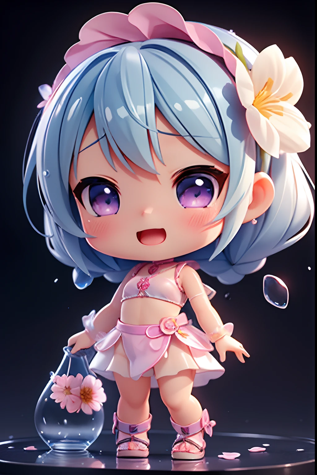 photoRealstic、Doll standing in front of the painting(nendroid)、Water droplets on the cheeks、Happy singing face、Sengai、pixiv、rokoko、dollfie dream、watercolor Nendoroid、(High Definition Figure)、Flowing iridescent silk、up of face、Eye Up、Bikini swimwear(with floral pattern)、There are also flowers in front of the nendroids、flower petals、water dripping、Shot through a glass full of water droplets.、season!!: 夏天☀ 🍂