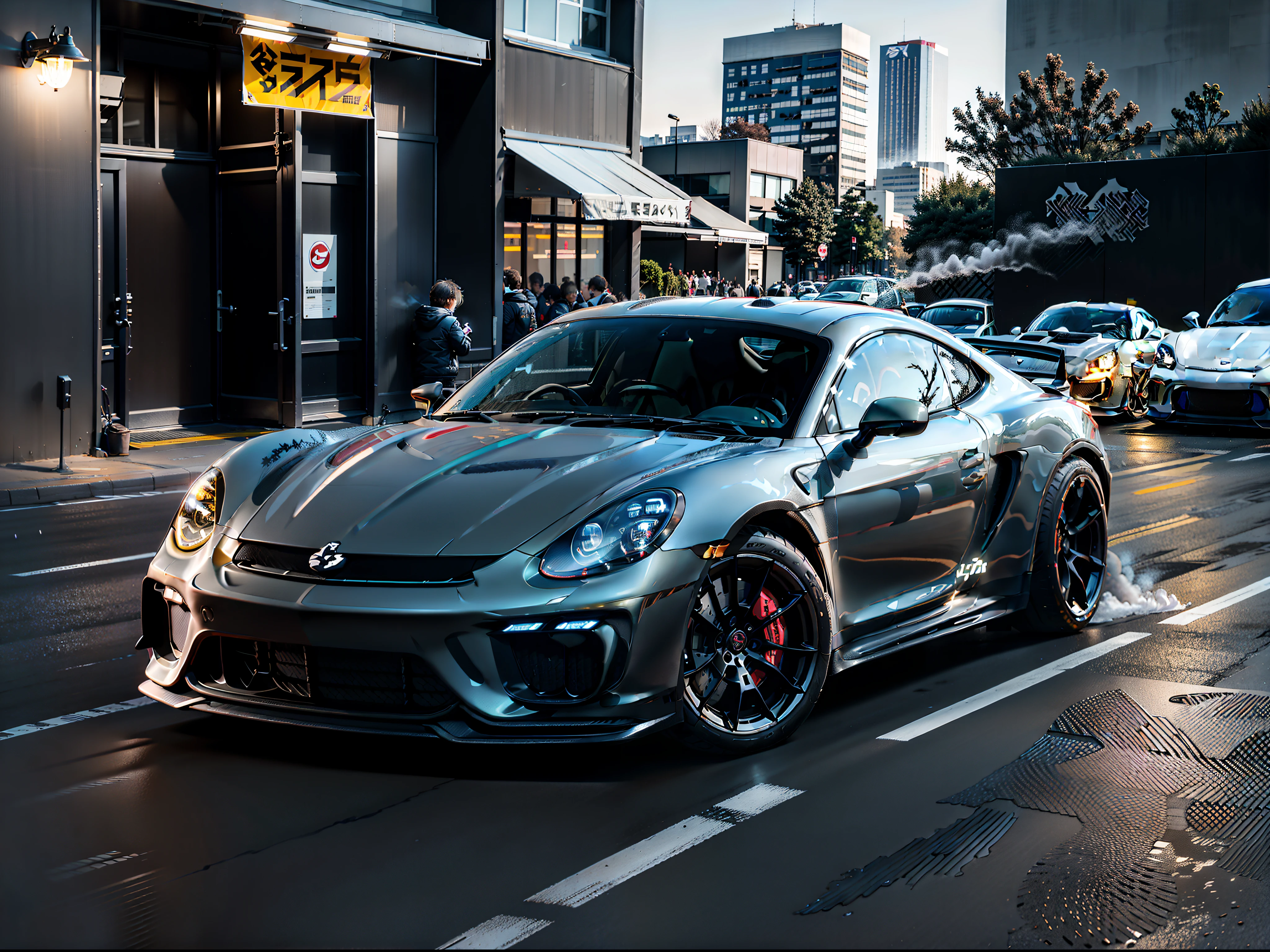 （Ultra-photorealistic quality）、Ultra-fine painted surface、masuter piece，8k wallpaper，nffsw，Ultra-high image quality，light and shadow effect 、((Dark Grey Cayman GT4 RS　1Car)), Ultra-realistic representation faithful to live action、Gran Trismo logo decal on wind window、The hood is wet carbon、Vehicle height is quite low、Forged bronze color wheel、Slightly larger rear wheel、Tilt forward slightly、The front light is smeared with smoke、Scramble crossing in Shibuya、city light at night、All four wheels、There is a slight camber angle on the outside（Negative camber)Has a、Wearing race tires、Professional Outdoor Lighting、Model 981。