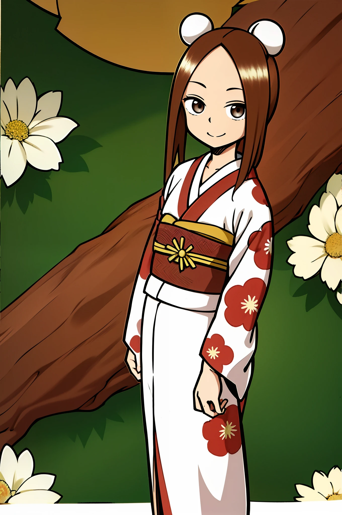 masterpiece, best quality, TakagiSanFirstVersion, 1girl, solo, looking at viewer, serious, smile, brown hair, shirt, brown eyes, parted bangs, forehead, standing, jaggy lines, single hair bun, japanese clothes , kimono , looking at viewer, (white kimono:1.4), red sash, collarbone, (floral print:1.2), obi, kinchaku, hair ornament, full body