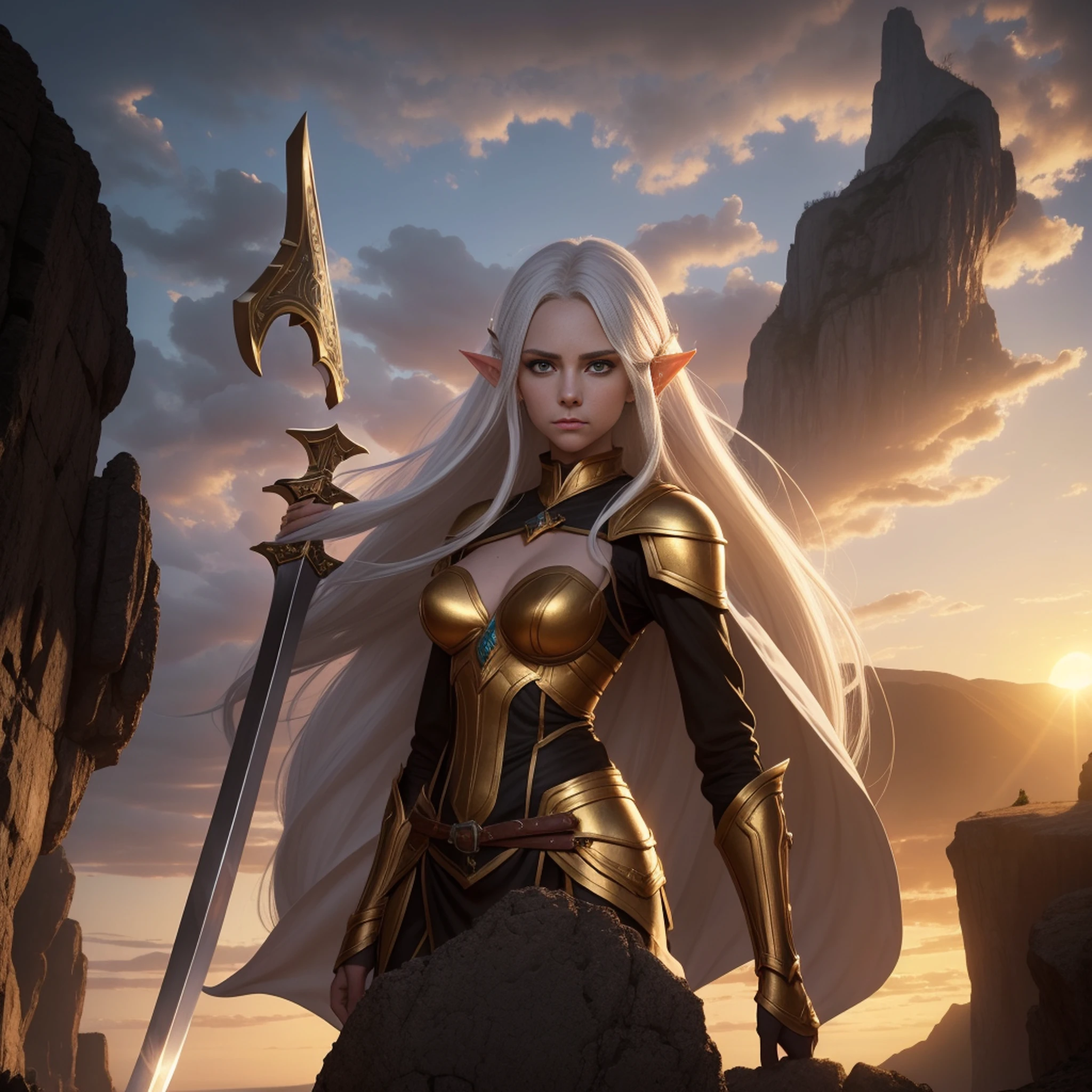 1 tall elf woman, with beautiful white hair, best quality, (beauty), narrow waist, thin, big eyes, long legs, (small breasts), swollen eyes, facing the cliff, late afternoon, (sunset), facing the viewer, fighting posture, (holding a sword and shield), a cold expression, gold and black armor all over her body.