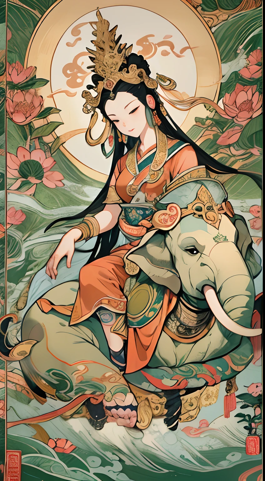 an ancient Chinese goddess, guanyin of the southern seas, Guanyin, Inspired by India, Avalokiteshvara rides an elephant，,Serene expression,shui mo hua,Buddha,Buddhist,Lotus,Chinese painting style,Thangka style