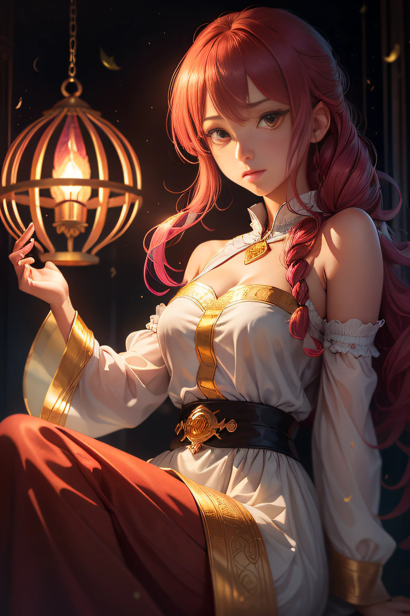 layla (masutepiece), (Best Quality), (ultra-detailliert),(disheveled hair),(Illustration), (1girl in), beautiful finely detailed eyes,Delicate beautiful face,floating,(High color saturation),(Colorful splashes),colorful bubble,(Shining),Focus on Face, Sitting in a glass ball, G;Cage bat, Golden Star and Lantern