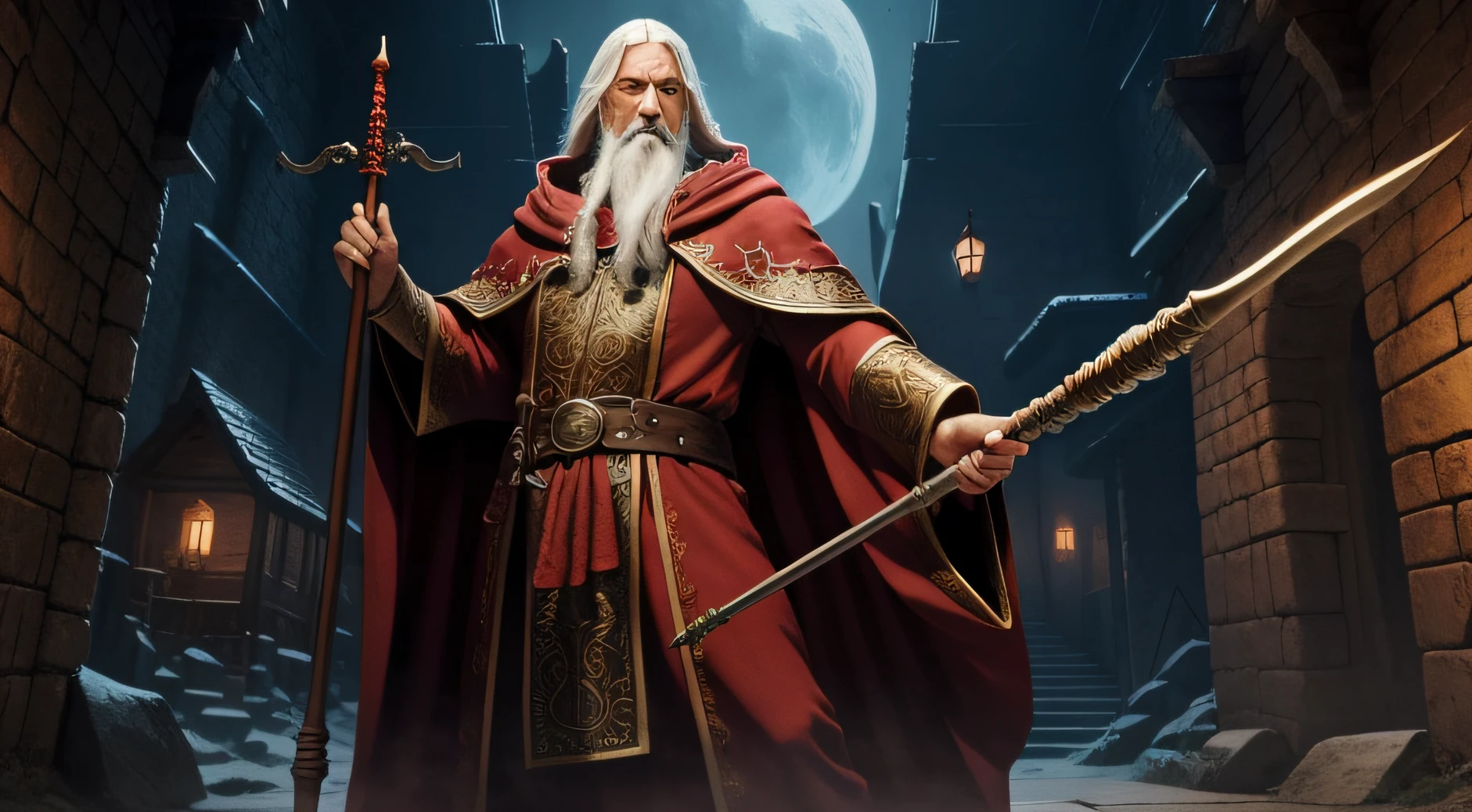 Wizard Elminster in red bathrobe and a staff, da cintura pra cima, behind him the town of Baldur's Gate, dungeons & dragons