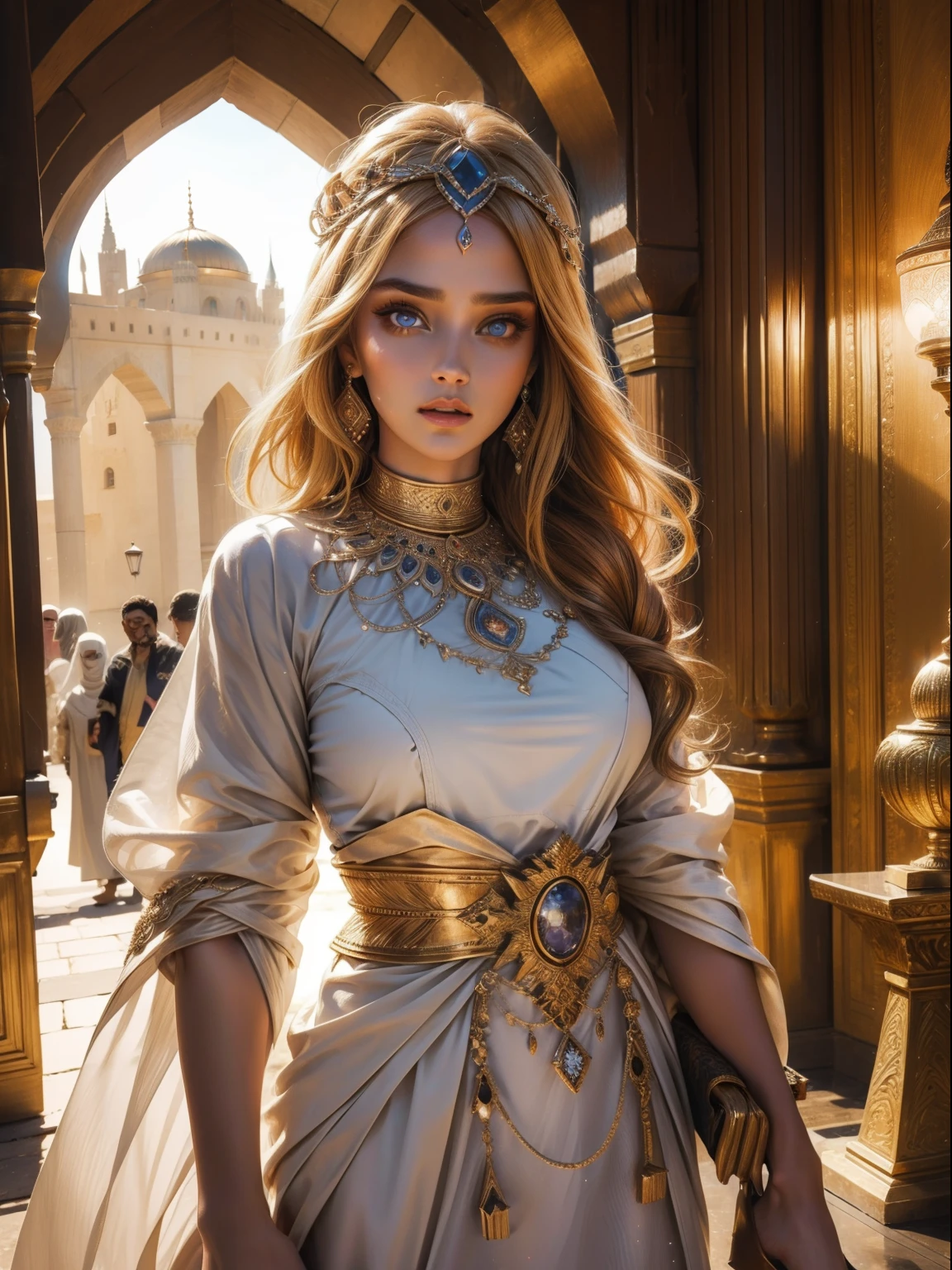 Very Beautiful princesse glowing eyes face portrait zoom sexy face sexy eyes crystal clear bright eyes blond hair long islamic caftan marocain wear style hyper realistic super detailed Dynamic shot master piece scene