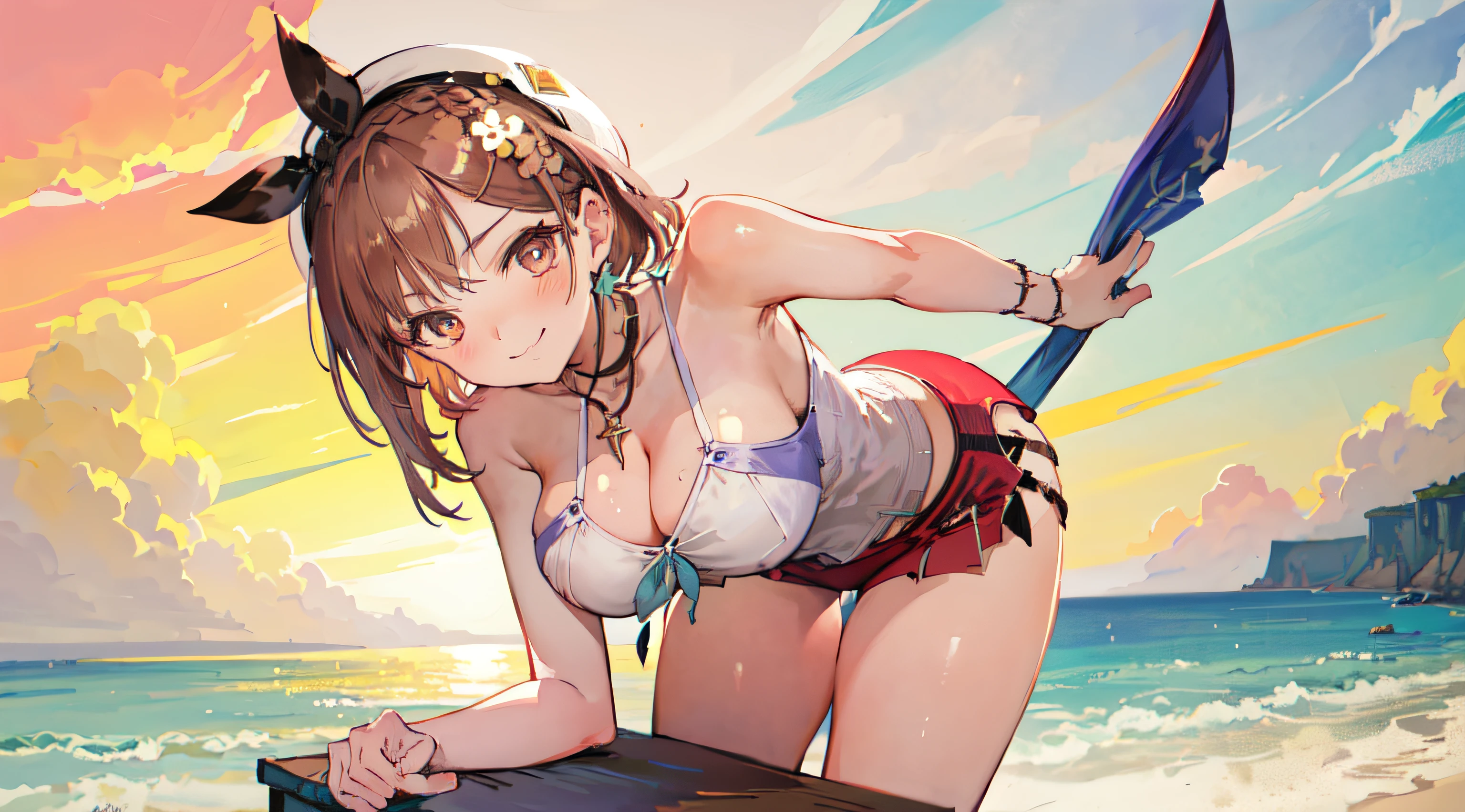 best quality, masterpiece, (leaning over:1.4), 1girl, armpit, cleavage, breasts apart, seductive smile, (blush:1.1), cute, Beach background, thigh