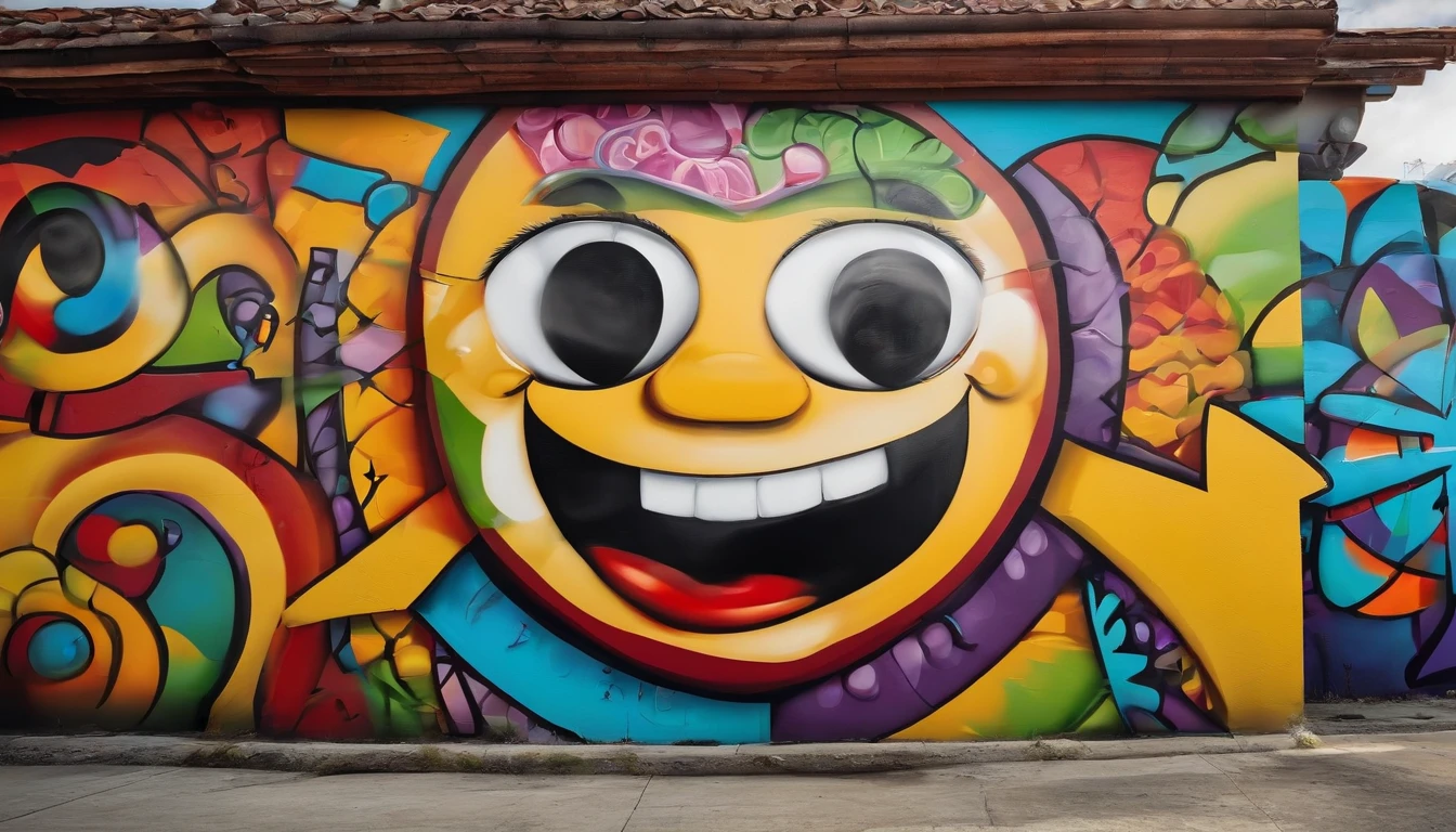 2d plain colorful and creative graffiti mural with various characters and objects in the background. The mural features a large, smiling face with a fierce expression, surrounded by a variety of colorful and abstract shapes and patterns. The mural appears to be made up of different elements, such as letters, numbers, and symbols, that are arranged in a chaotic yet visually appealing way. The overall effect is one of vibrancy and energy, with a sense of playfulness and creativity.