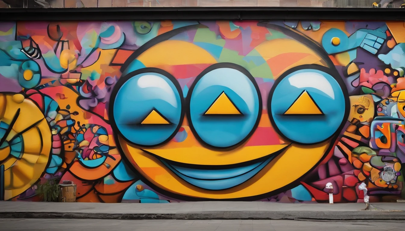 2d plain colorful and creative graffiti mural with various characters and objects in the background. The mural features a large, smiling face with a fierce expression, surrounded by a variety of colorful and abstract shapes and patterns. The mural appears to be made up of different elements, such as letters, numbers, and symbols, that are arranged in a chaotic yet visually appealing way. The overall effect is one of vibrancy and energy, with a sense of playfulness and creativity.