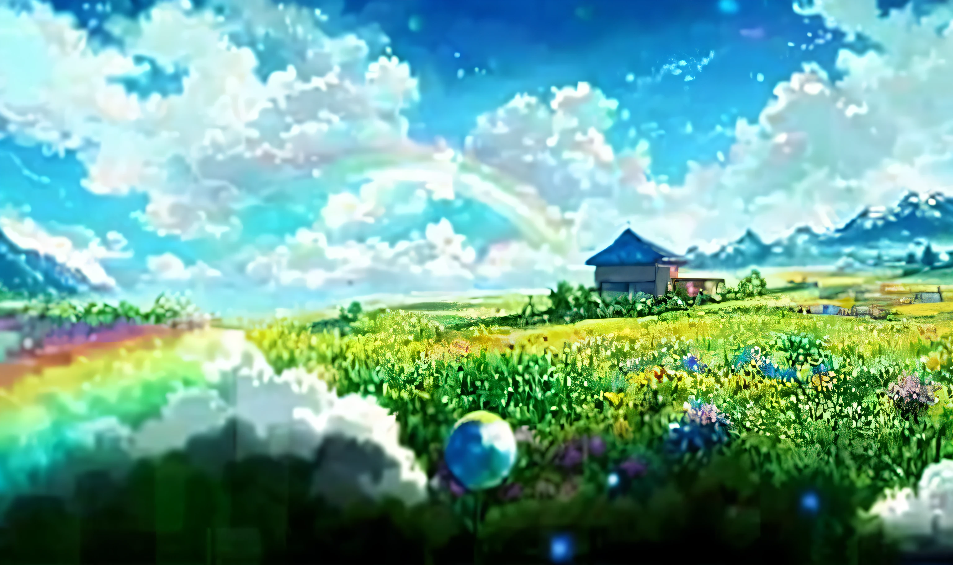 Photos taken from a video game in the rainbow field, anime landscape wallpapers, anime countryside landscape, colorful anime movie background, beautiful anime scenery, Anime landscapes, Anime landscape, anime beautiful peace scene, anime nature wallpap, anime movie backgrounds, Anime background art, anime backgrounds, beautiful anime scenes, beautifull puffy clouds. anime big breast, Studio Ghibli Sky, Beautiful wallpaper