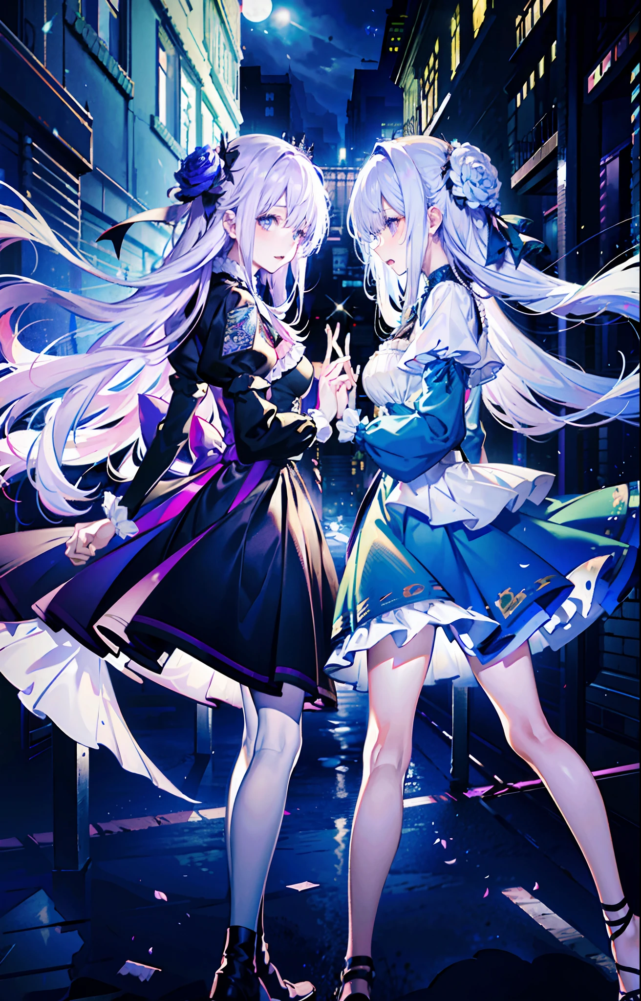 ((On the streets of the Middle Ages,2 girls,Twin sisters)),silber hair,butterflys,long whitr hair,8k wallpaper,detailedbackground,Highest high resolution,deep v big breasts,Hair over eyes,Bandeau,Purple roses,tight-fitting,themoon,stocklings,