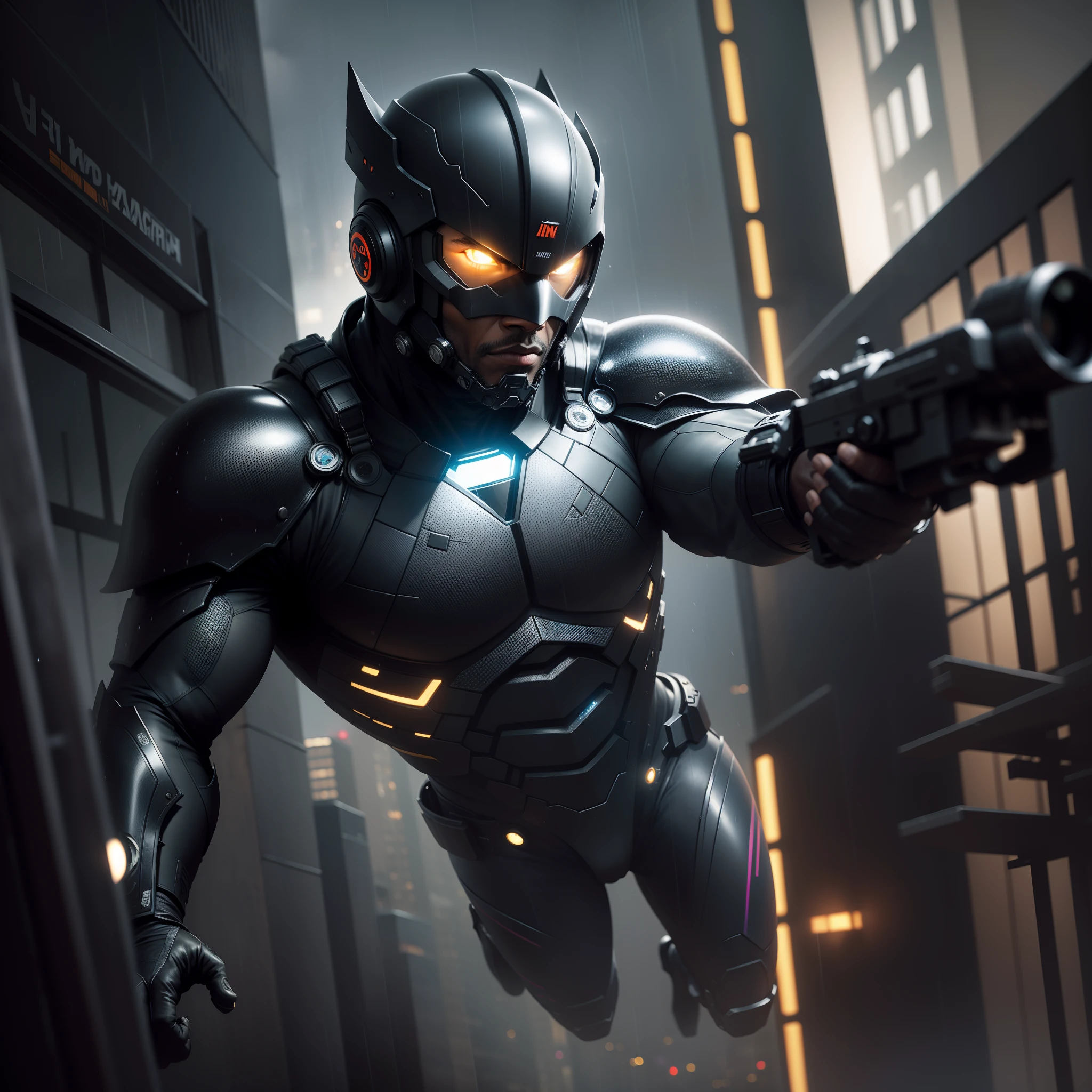 Night time rain pouring, POV of A black man dressed in a black costume, ninja style with African designs on it, with a black futuristic black helmet, jumping from the top of a building, shooting at the camera, bullets flying from his gun as he shoots, building windows shattering, shattering pieces of building windows in scene, action movie scene, cinematic shot, Christopher Nolan movie shot, zach snyder movie shot, with iridescent light, 32k, ultra HD, cinematic lighting, highly-realistic image, highly detailed features, artgerm style, bright vibrant and beautiful colours, IMAX resolution quality shot,