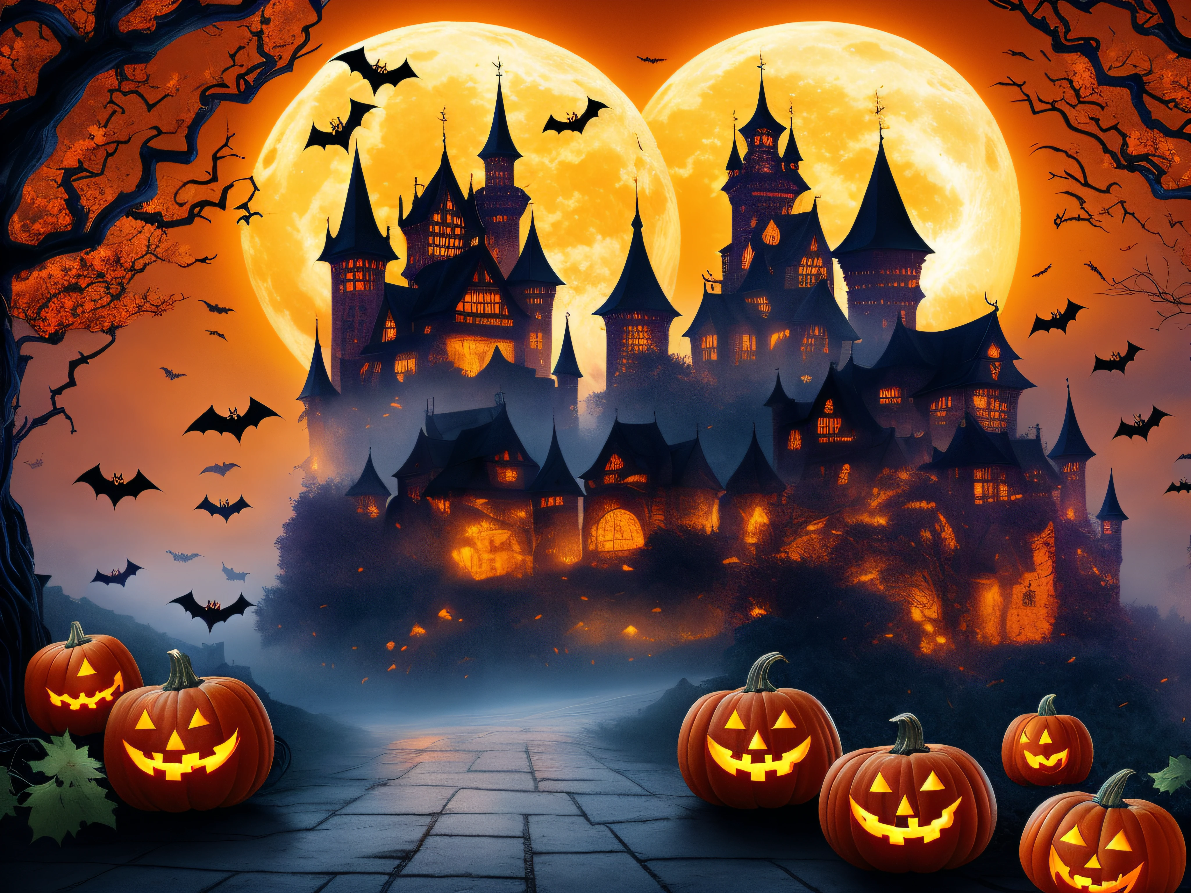 Halloween Poster, pumpkins, the witch, the bats, withered huge branches, fullmoon, castle, Western castles、​masterpiece、top-quality、top-quality、realisitic、8K、ghosting、Halloween