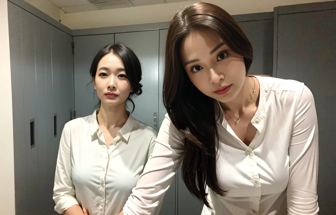 masterpiece,best quality, (6 milfs stands), ((close up:0.5, from front)), ((cross arms)), glare, physically-based rendering, white blouse, (Clothes with big Cleavage View:0.2), double eyelid, eyelash, lip gloss, (angry:1), ((standing, surround)), ((Looking at Viewer, look down)), RAW, (from below:1), long hair, updo hair style, 20 to 40 years old, (no body locker room),