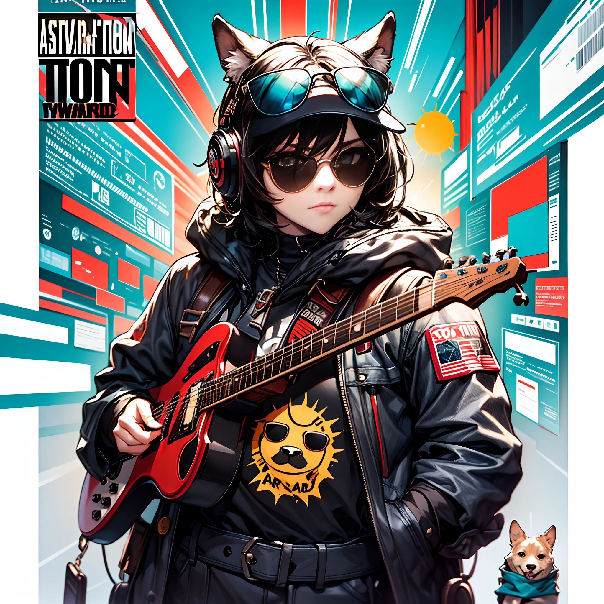 Countless award-winning masterpieces，Best quality at best，Highest resolution，Official fine art，The trend is at the art station，electric guitar，sun glasses，sticker design，An anthropomorphic dog，Hip-hop popular outfits，Rock cyberpunk，Cute visual stickers，simplebackground，White stroke，