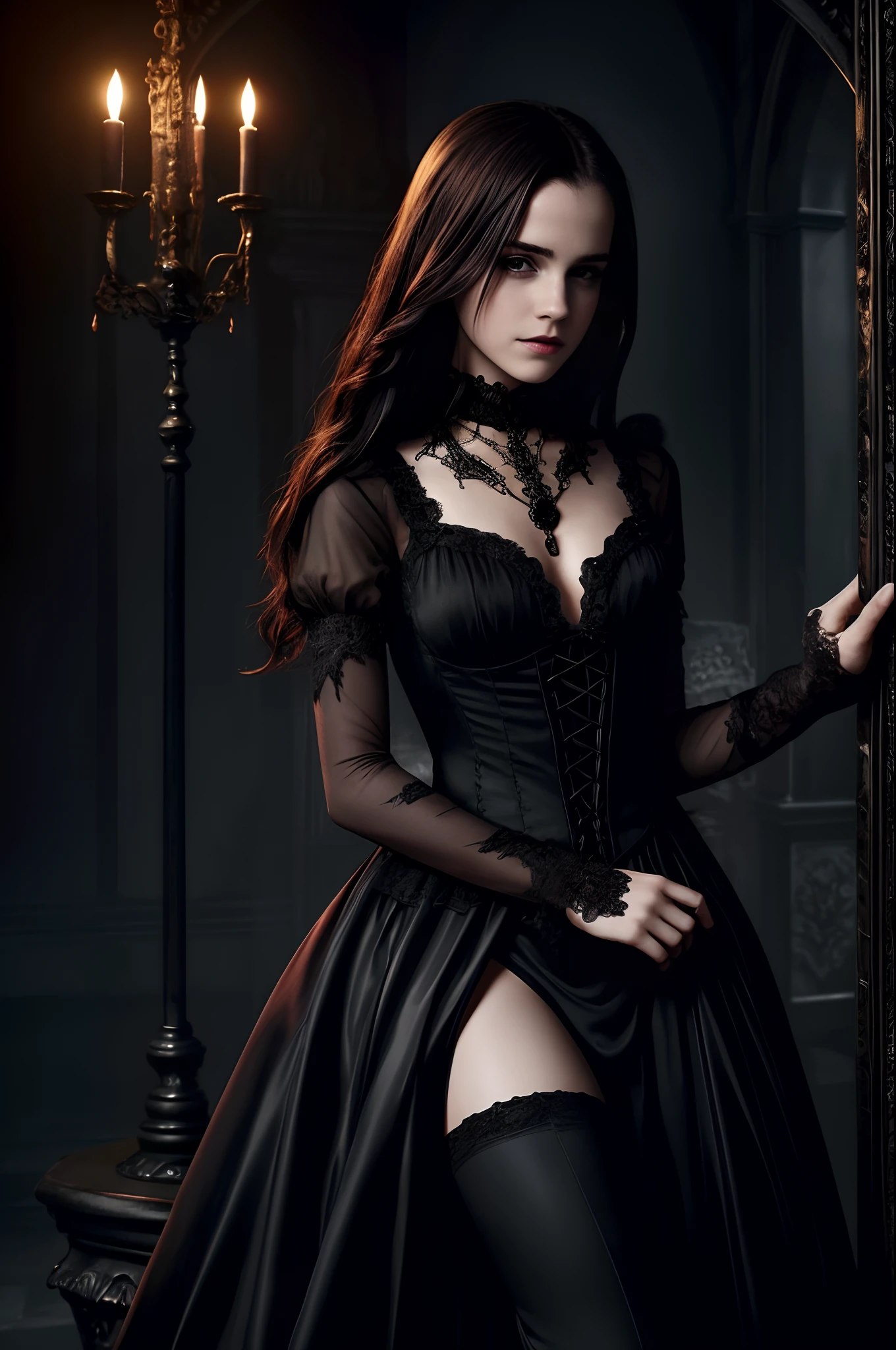 8K、muitoリアルHuman texture、FULL BODYSHOT、The composition includes a Gothic castle background, Further enhance the dark and atmospheric setting, Emma Watson at , Eyes shining with a seductive red glow, And blood is painted on her body, Face, and eyes, This highly detailed artwork is、Captures the essence of a vampire girl in a sexy gothic-style dress.