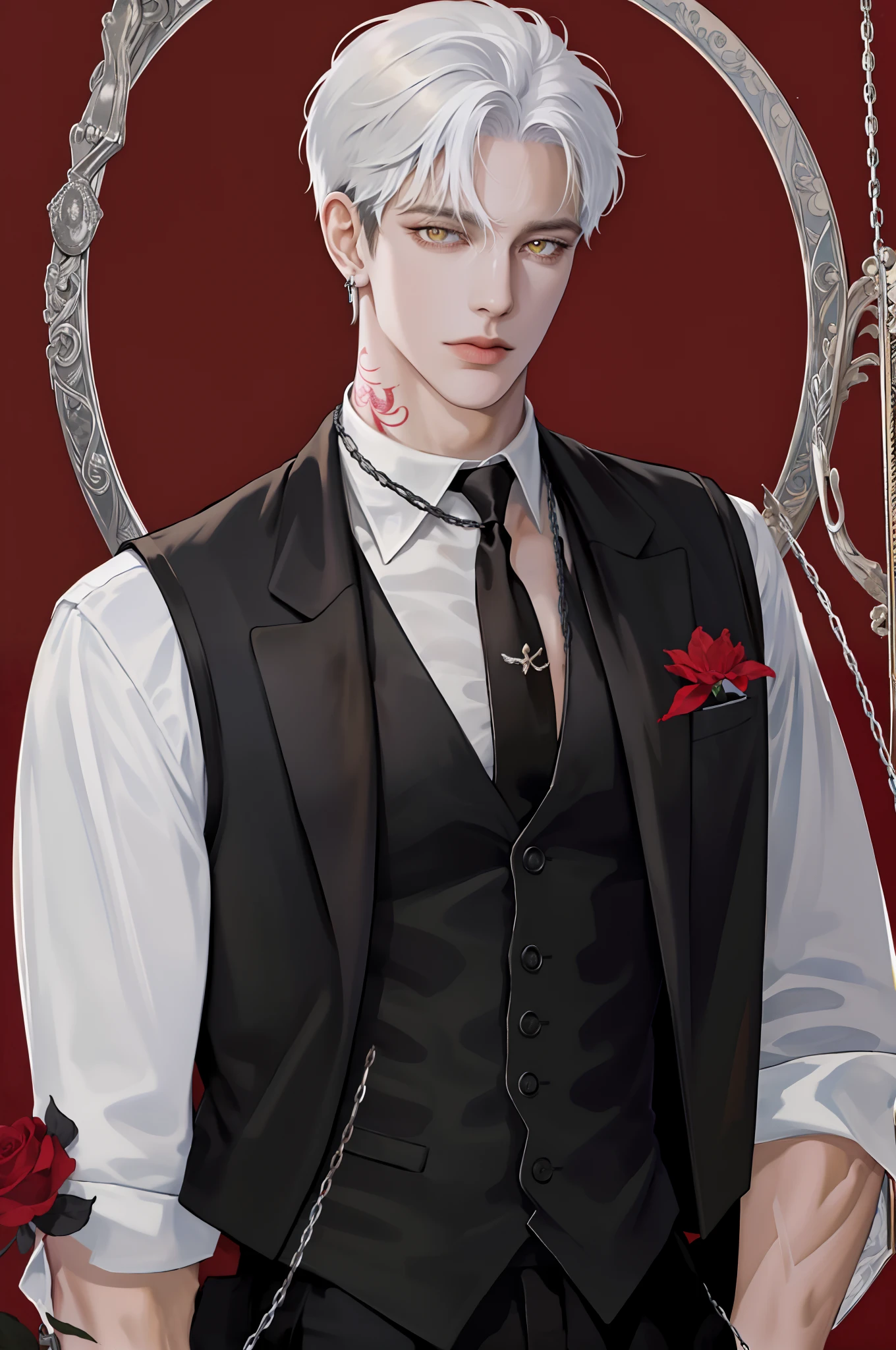 (Masterpiece,Best quality,Supergianthugebreasts_Detailed,A high resolution,absurderes),1boys, Male focus, tattoo, Solo, White hair,chain, shirt, black necktie, tiese, Simple background, Yellow eyes, Upper body, vest, Short hair, view the viewer, parted lip, Collared shirt, circle glasses, Long sleeves, neck tattoo, Put your hand on your shoulder, arm tattoos, Black shirt, Red background, Brown vest, monocle, jewelry (looks away:1.2)
