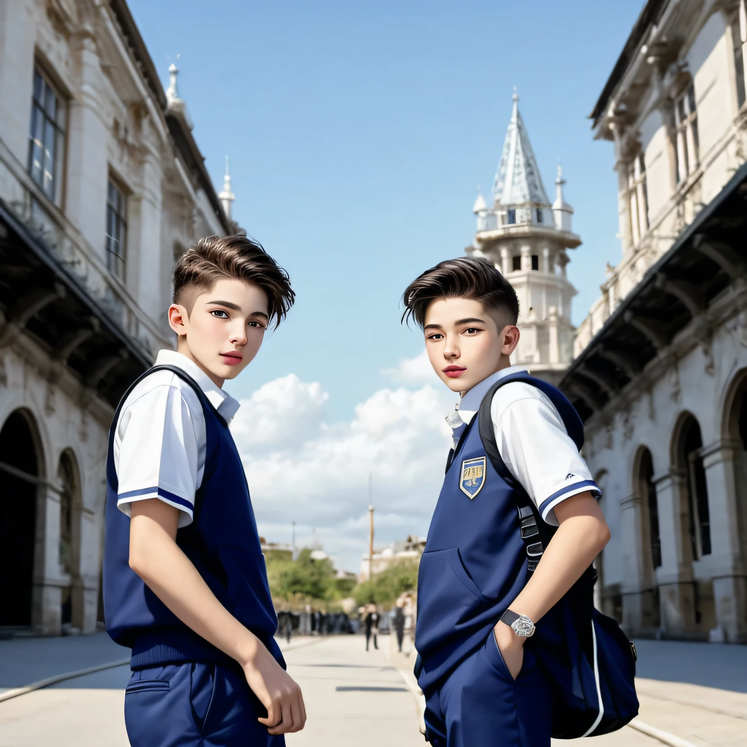 Male twins 17 years, 17-year-old twin boys, young twin boys, cabelos pretos encaracolados, pale skin and bluish-green eyes, athletic size, usando uniforme escolar, sorrindo, influenciadores digitais, One of the twins has a mole on his face