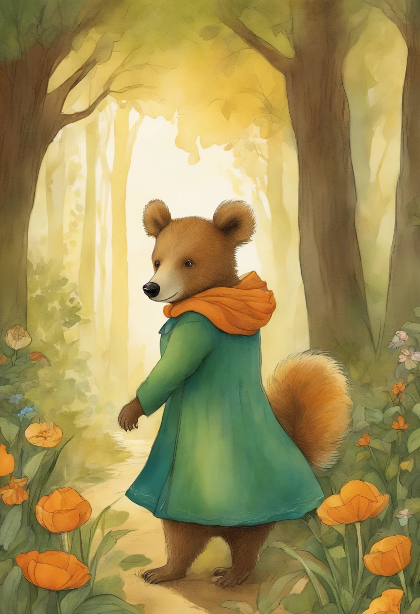 comic book style, Painted in vivid watercolor, Bipedal brown bear, Cute clothes, green colored eyes, an orange, BLUE. amarelo, ighly detailed, ighly detailed, ​masterpiece, Fairy tale background, Wonderland, Dynamic colors, Light of a fairy tale, Beatrix Potter and Jean-Baptiste Monge, 32K UHD