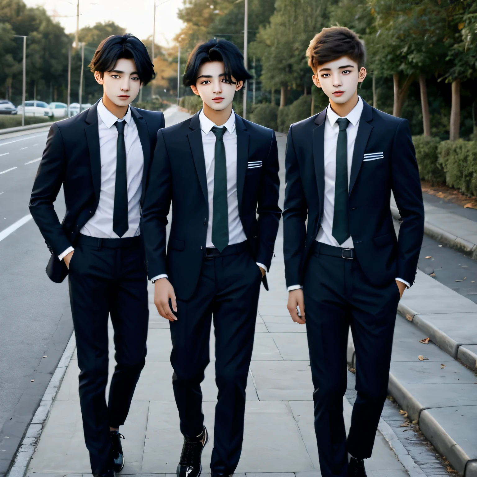 Male teenagers triplets, black hair, green-blue eyes, ************, using a school uniform