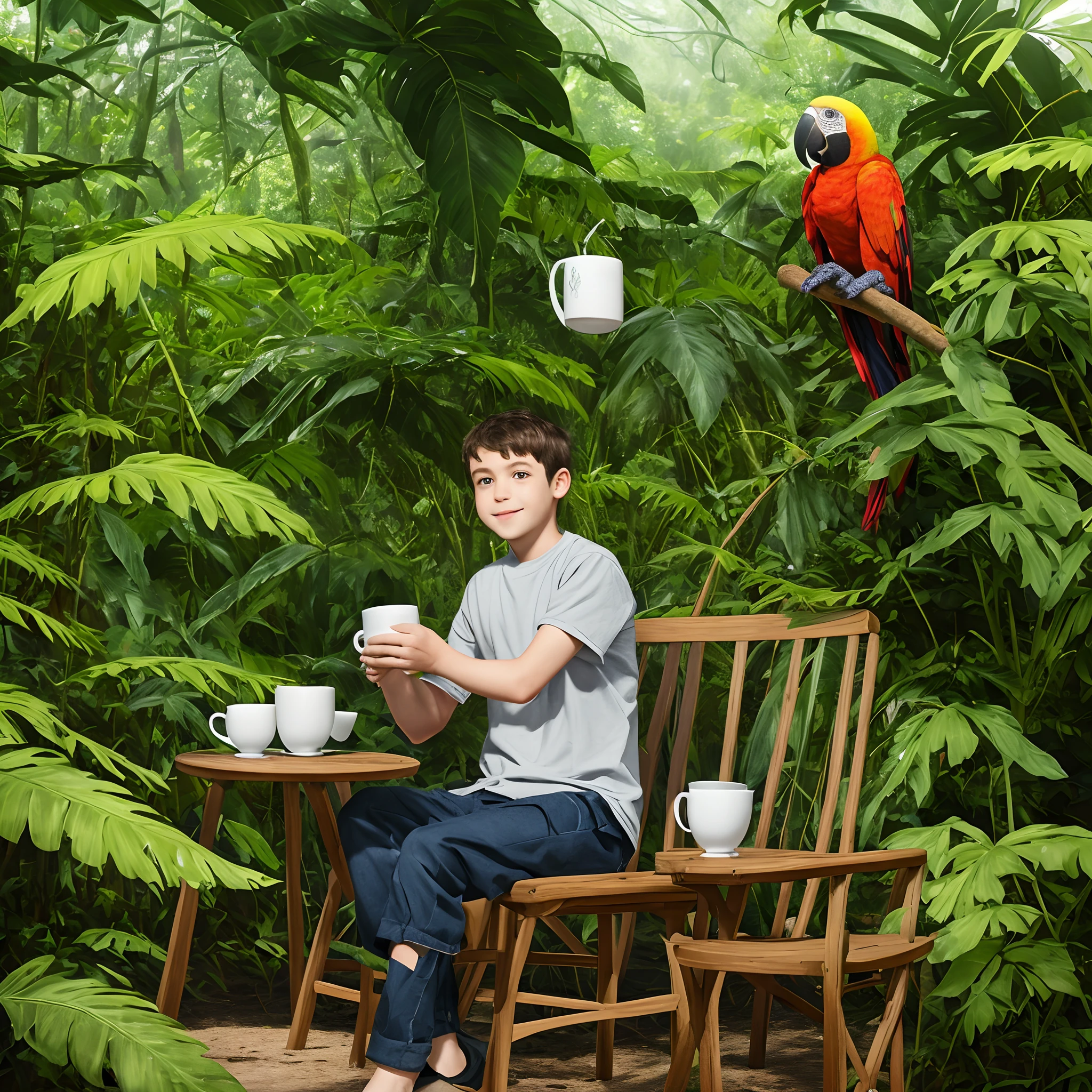 A boy sitting on a chair, in a tropical forest with a cup of coffee and a parrot on his shoulder