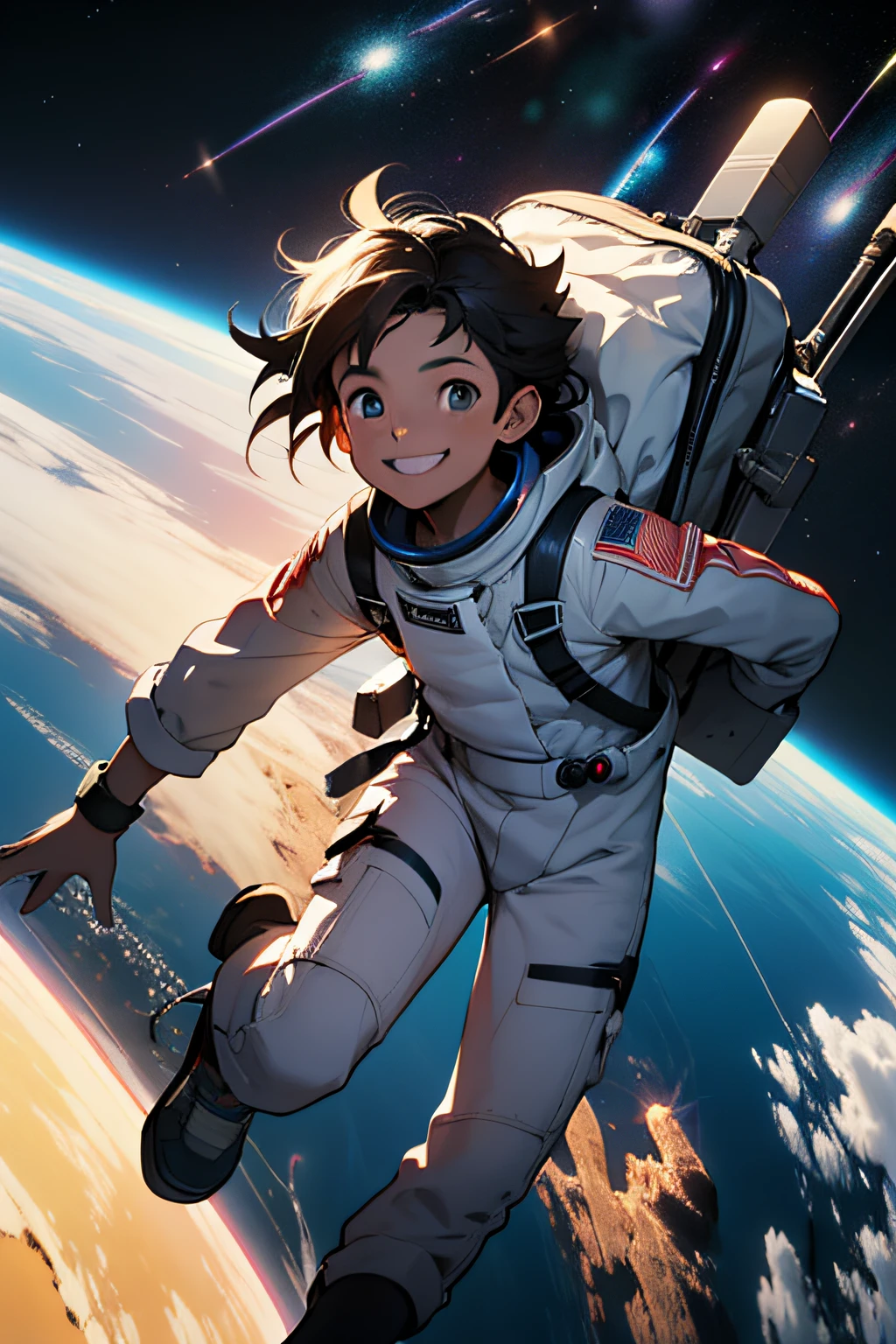 garoto de 6 anos sorrindo, in space with twinkling lights and colors, on a ship taking off into space