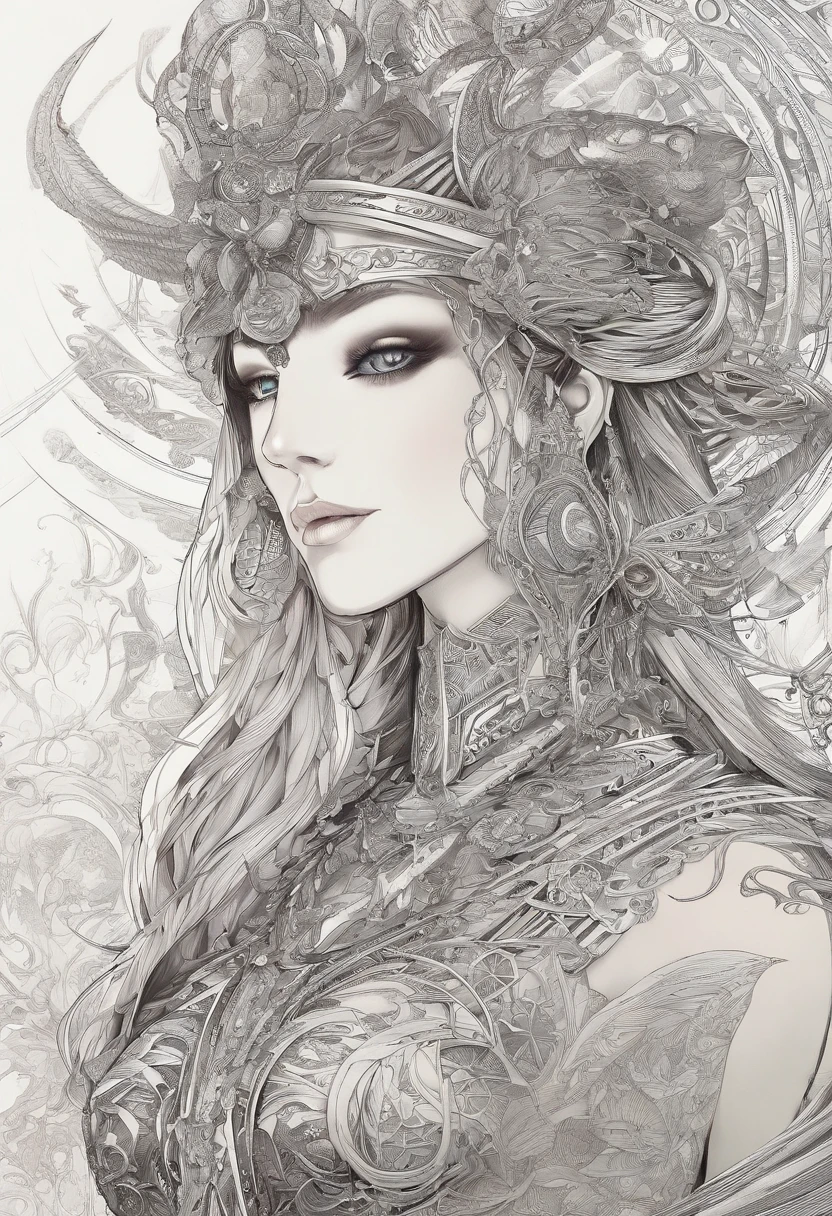 （best qualtiy，ultra - detailed，Most Best Illustration，Best shadow，tmasterpiece，A high resolution，professionalartwork，famousartwork），Detailed eyes，beautidful eyes，closeup cleavage，up body, sci-fy，colored sclera，Robot eyes，face markings，Tattooed with，（fractalized，Fractal eyes），largeeyes，Wide eyes，（Eye focus），sface focus，Cosmic eyes，Space eyes，Close-up of metal sculpture of a woman with a nebula in her hair，goddes。extremly high detail，3 d goddess portrait，Extremely detailed footage of the goddess，a stunning portrait of a goddess，Side image of the goddess，portrait of a beautiful goddess，Full body close-up portrait of the goddess，hecate goddess，portrait of a norse nebula goddess，goddess of space and time, center potrait, soft lighting, solid background