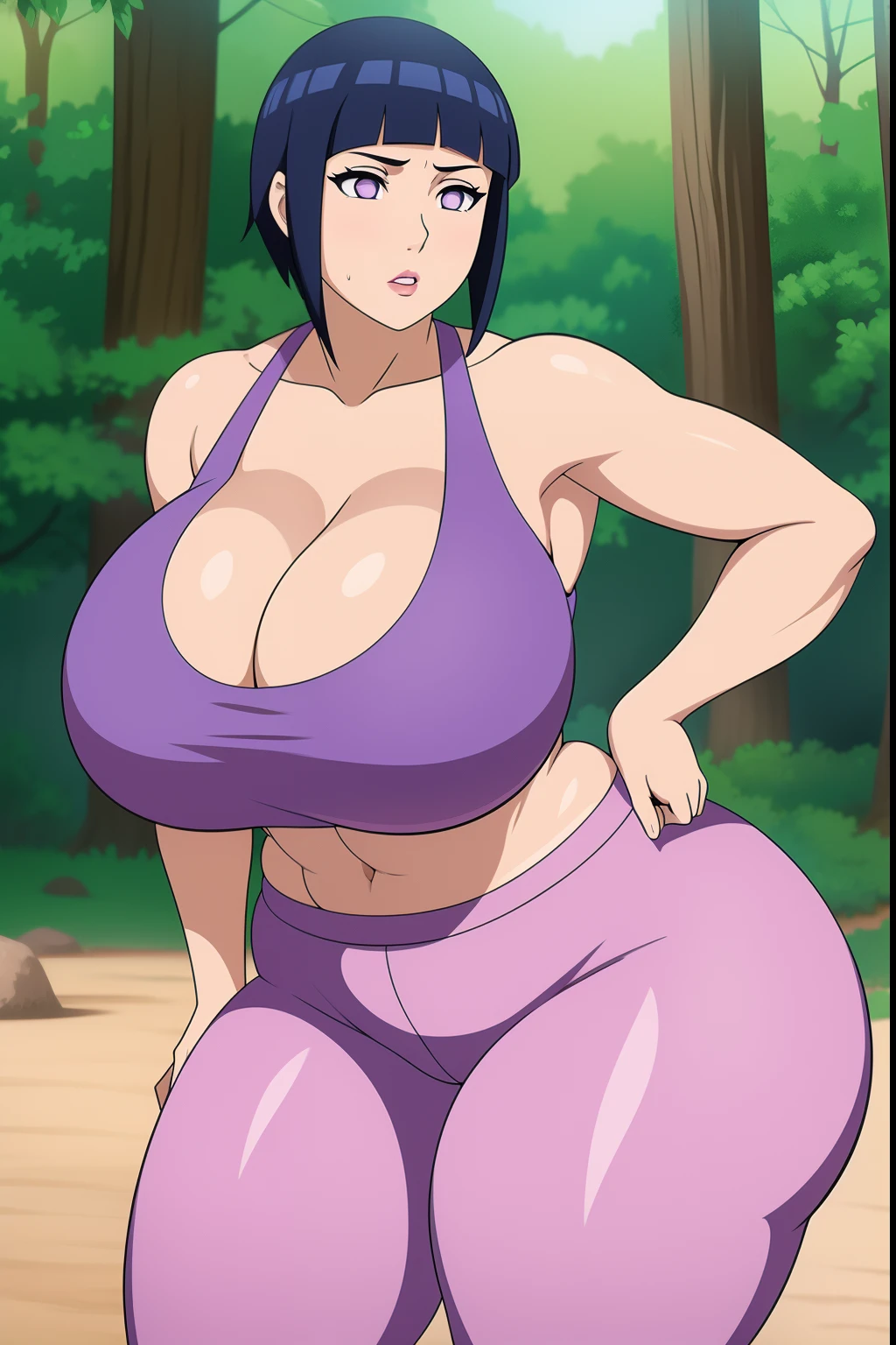 Hinata Hyuuga, 1girl, ((bimbo))), short blue hair, puffy lips, painted lips, thick lips, wide hips, thick thighs, enormous round breast, huge ass, bimbo face, , Round Breasts , muscular stomach abs, shiny skin, breasts squeezed together, enormous huge natural breasts, natural breasts, yoga pants, sports bra, hanging breasts, posing,