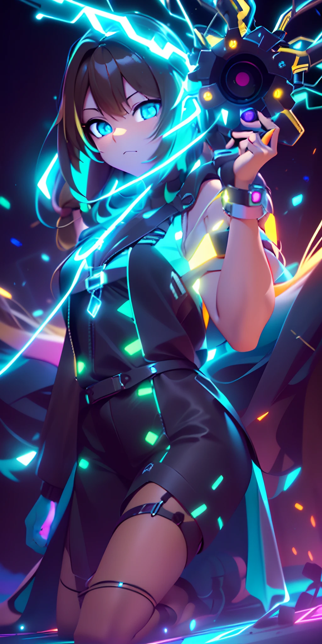 (Dynamic Angle:1.4), ((Full body posing:1.5), (Colorful:1.2), (Highly detailed CG Unity 16K wallpaper:1.1), (Denoising strength: 1.45), (tmasterpiece:1.37), ((Official art)), of the highest quality, (Realistic), Green Cyber Girl, 2 head body,Deformed Character,cute expression, (Super long blonde hair:1.6),voluminous hair,Hair in motion,Golden hair,(Black skin:1.4),Glowing eyes,(blue eyess:1.2), ((loimu:1.1)),wires, (LED:1.3), (a hologram:1.2), futuristic city street, Neon light, Skyscrapers, (Night:1.2), (Rainbow Model:1.2), 8K resolution, (Anime style:1.3), Cinematic lighting, chromatic abberation, spark of light, Ray tracing, blending, ultra wide-angle, Hasselblad, (masutepiece), (masutepiece), ((Best Quality)), ((masutepiece)), nffsw