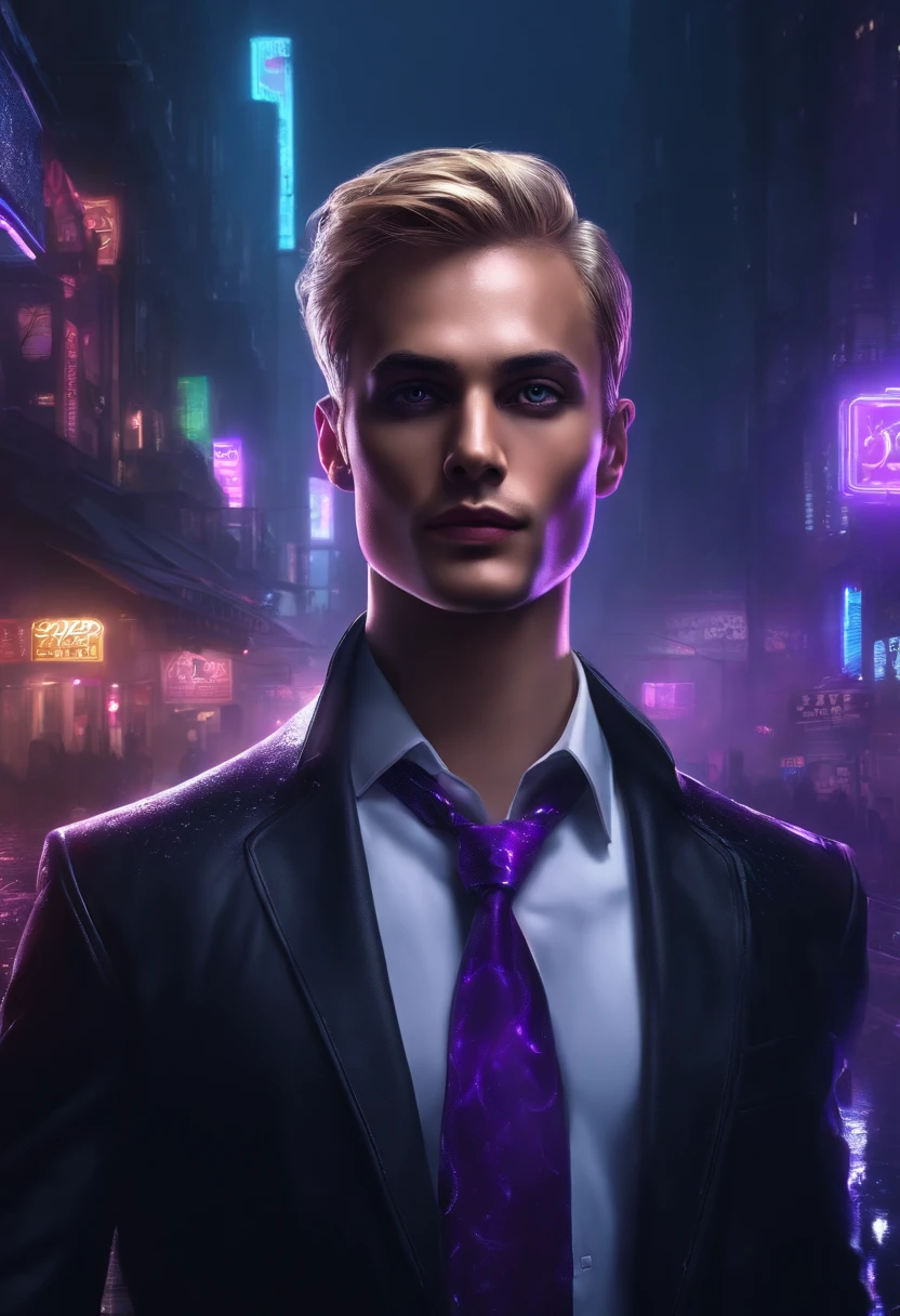 Blade runner background, roxo, with Sanji:
(blade runner background,neon lights,dystopian,futuristic:1.2),(roxo, purple:1.1),(Sanji:1.1),beautiful detailed eyes,beautiful detailed lips,extremely detailed eyes and face,longeyelashes,smiling face,black suit with white shirt and tie,standing in a confident pose,neon lights reflecting on wet streets,cityscape with tall buildings and flying cars,glowing holographic advertisements,drizzling rain,smoke and steam rising from the ground,extremely detailed textures on buildings and pavement,deep shadows and bright highlights,cinematic lighting with high contrast,electric blue color dominating the scene,atmospheric and moody ambiance,high-quality resolution,ultra-detailed,photorealistic:1.37.