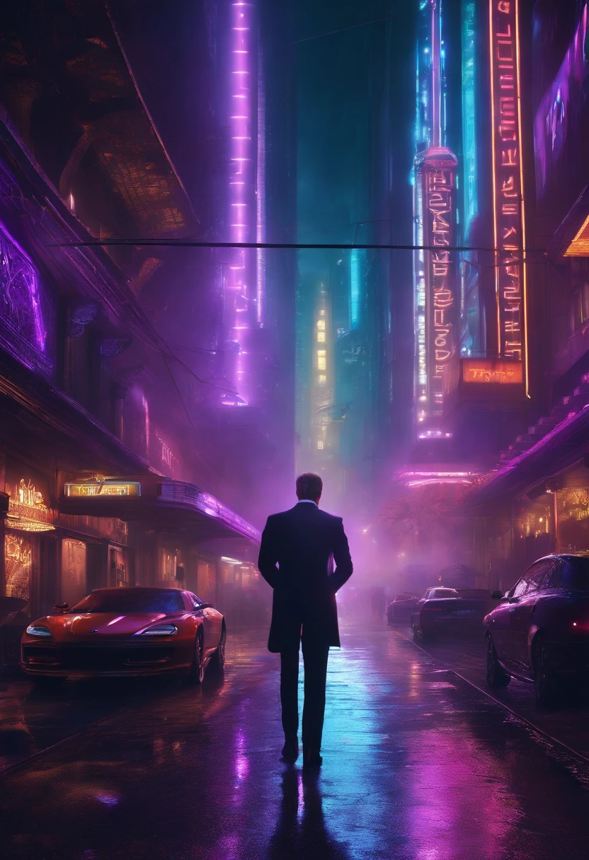 Blade runner background, roxo, with Sanji:
(blade runner background,neon lights,dystopian,futuristic:1.2),(roxo, purple:1.1),(Sanji:1.1),beautiful detailed eyes,beautiful detailed lips,extremely detailed eyes and face,longeyelashes,smiling face,black suit with white shirt and tie,standing in a confident pose,neon lights reflecting on wet streets,cityscape with tall buildings and flying cars,glowing holographic advertisements,drizzling rain,smoke and steam rising from the ground,extremely detailed textures on buildings and pavement,deep shadows and bright highlights,cinematic lighting with high contrast,electric blue color dominating the scene,atmospheric and moody ambiance,high-quality resolution,ultra-detailed,photorealistic:1.37.