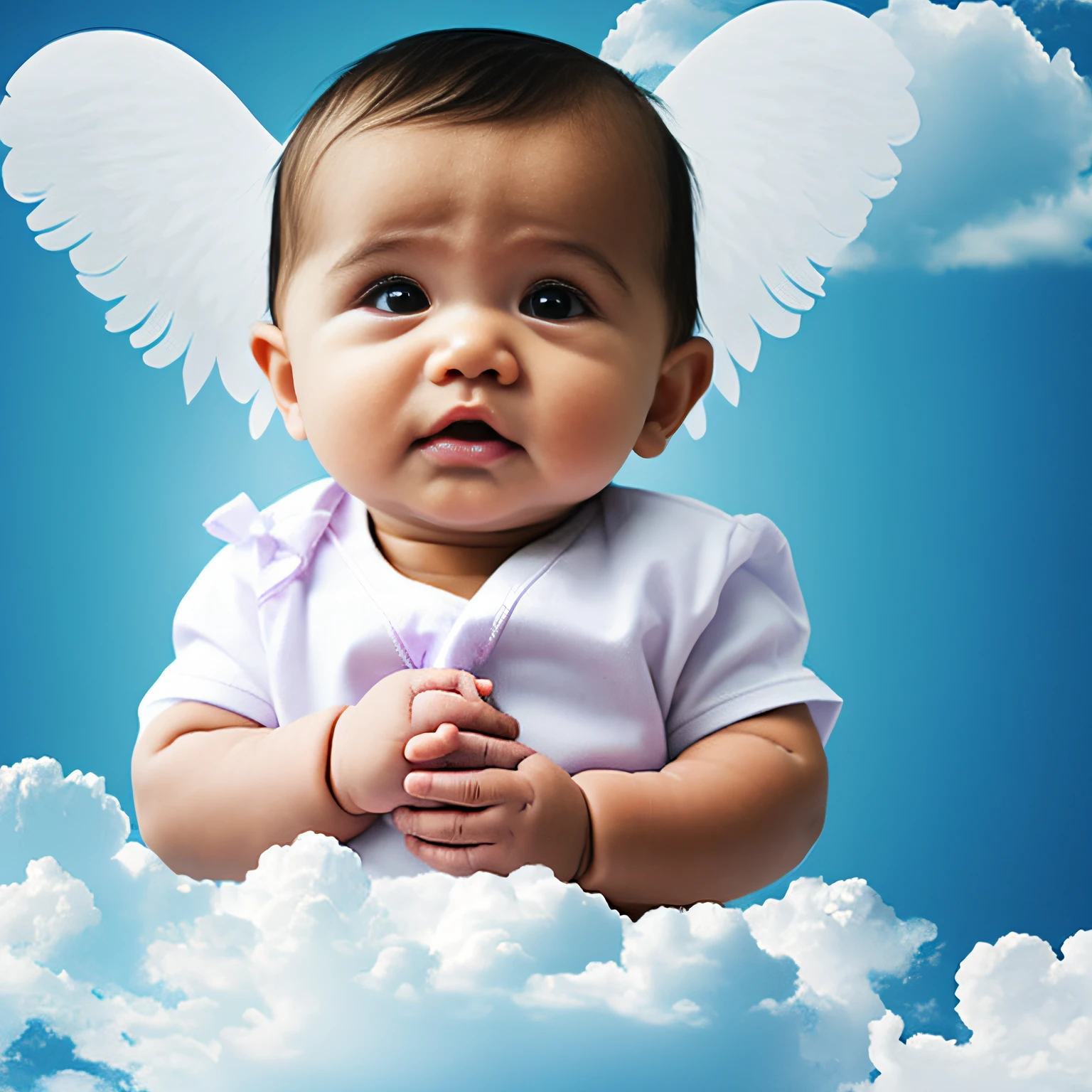 A  in the clouds with a sad face and angel wings, chorando, dies of medical negligence