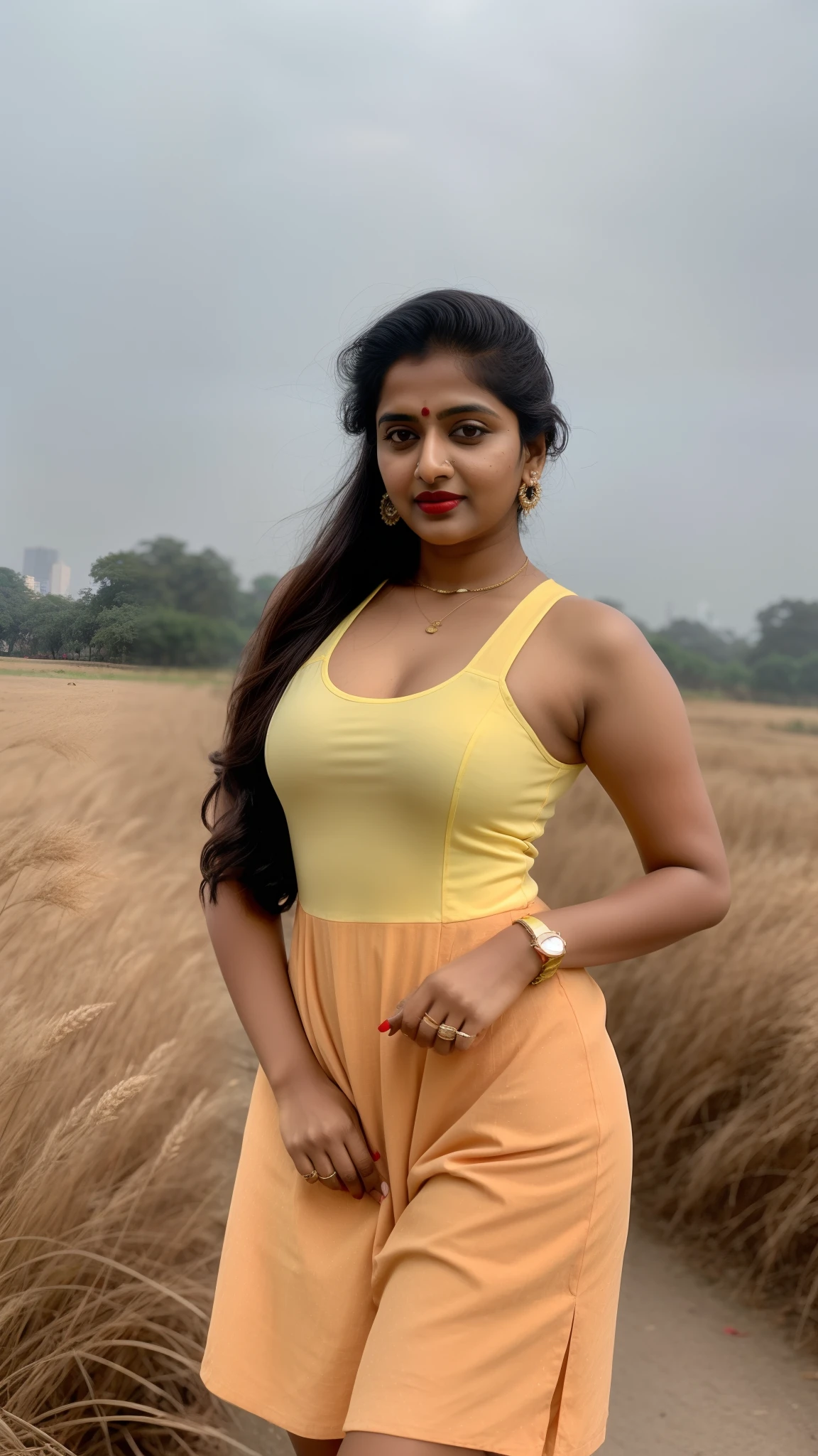 Richa Soni ((RAW, analog style)), face, extremely detailed full body color photo of a 25 y.o girl, beautiful face, beautiful eyes, ((small nose)), big natural lips, ((fabric frock yellow)), small breasts, hourglass shape body, outdoor street delhi ((film grain, skin details, high detailed skin texture, 8k hdr, dslr)), indian female model Richa Soni , dark red lips, dark red lips, black color shorts, healthy body, Richa Soni , Richa Soni , Richa Soni indian actress